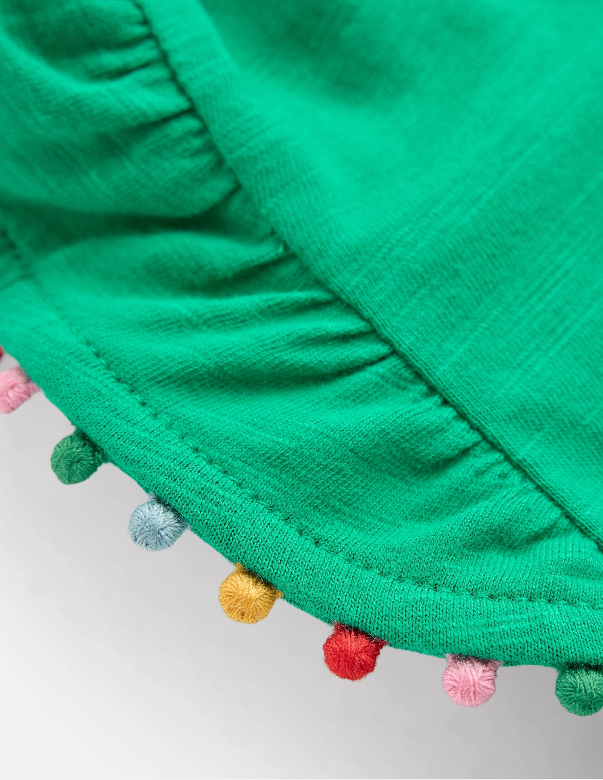 Frill Sleeve Pom Top-Bright Emerald Sustainable Production Process Casual Elegance