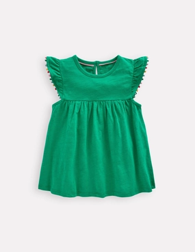 Weekend Comfort Customer Favorite Frill Sleeve Pom Top-Bright Emerald