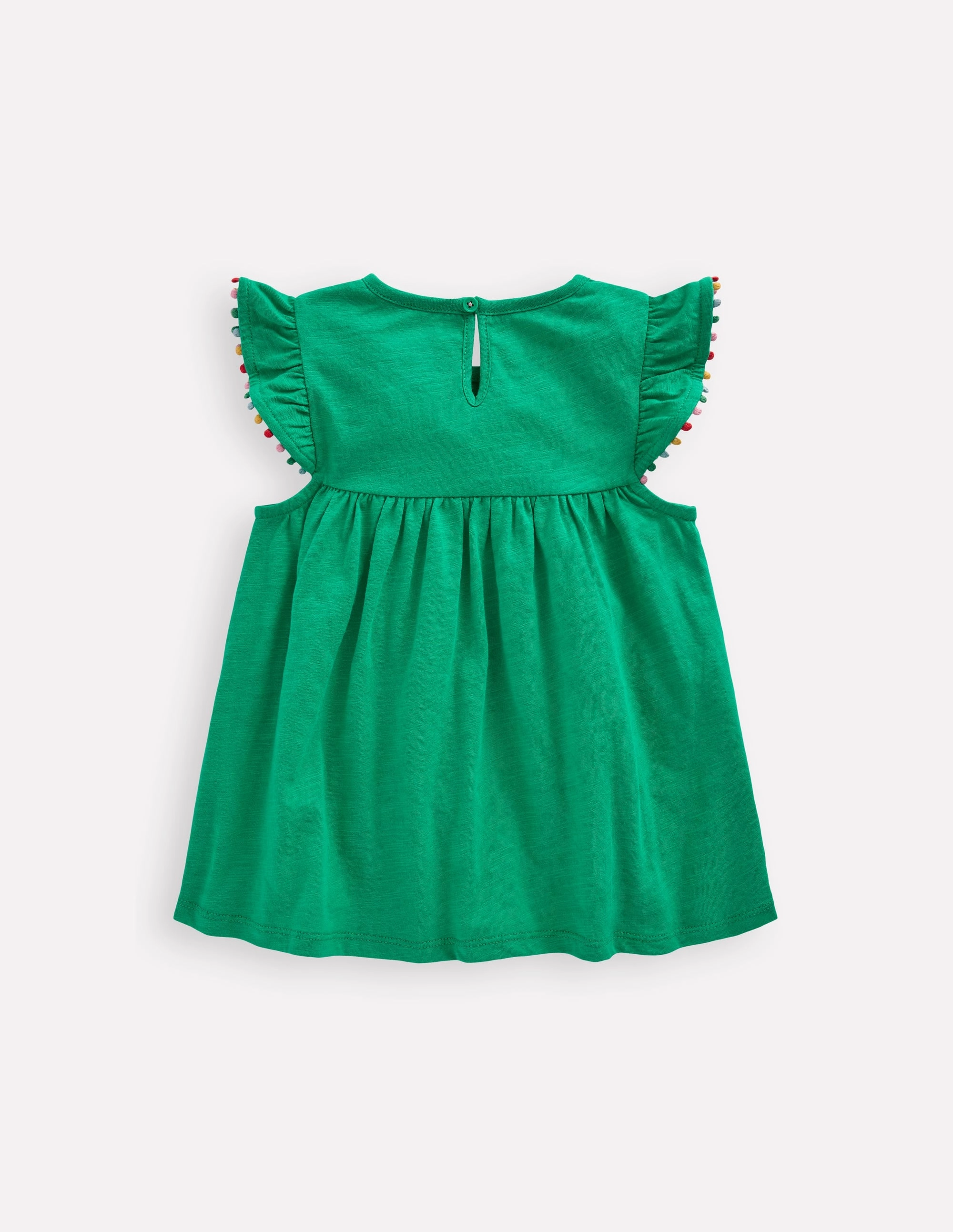 Frill Sleeve Pom Top-Bright Emerald Light Wear Comfy Active Fit