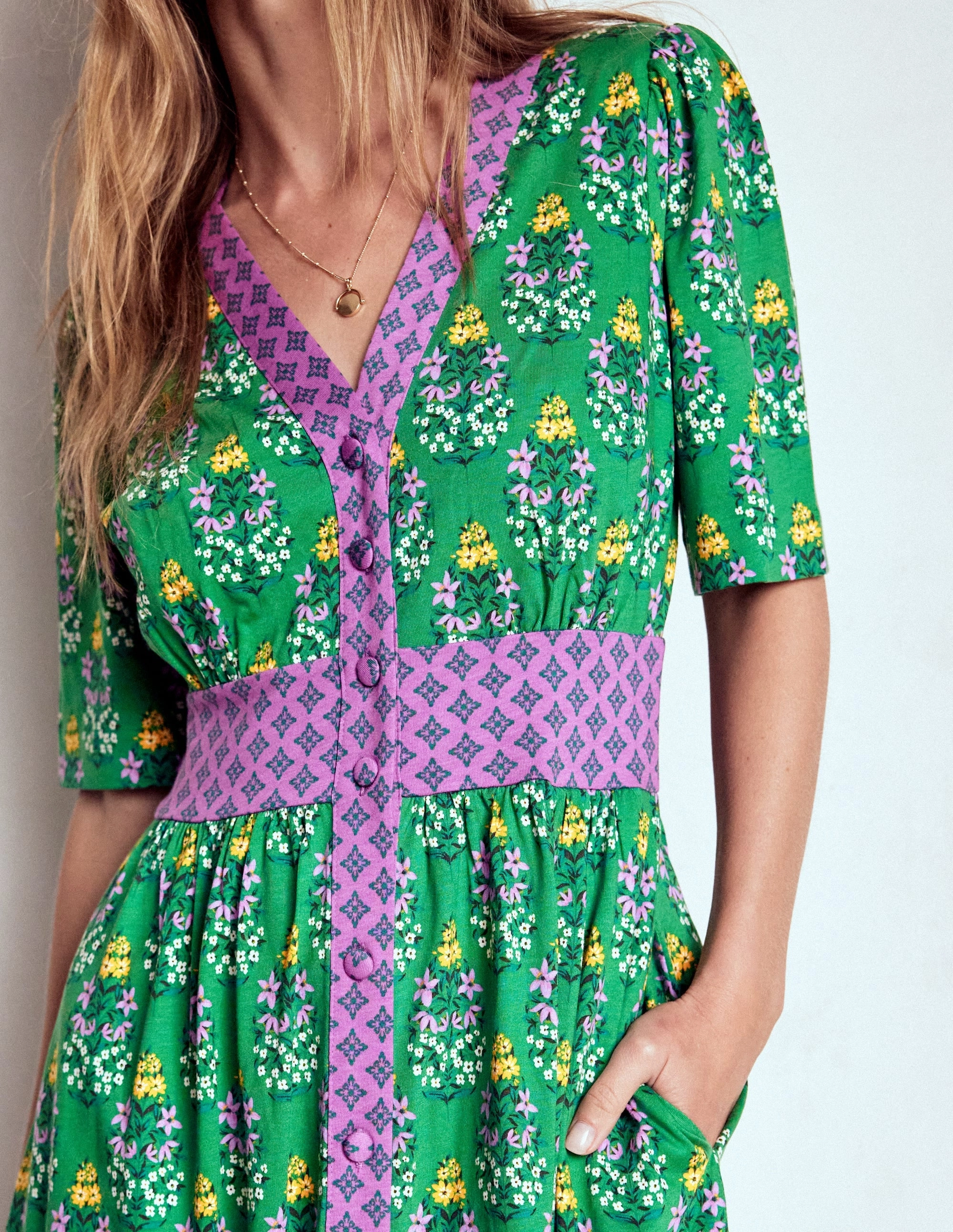 Embroidered-Sleeve All Fitwear Natalia Jersey Tea Dress-Rich Emerald, Wildflower