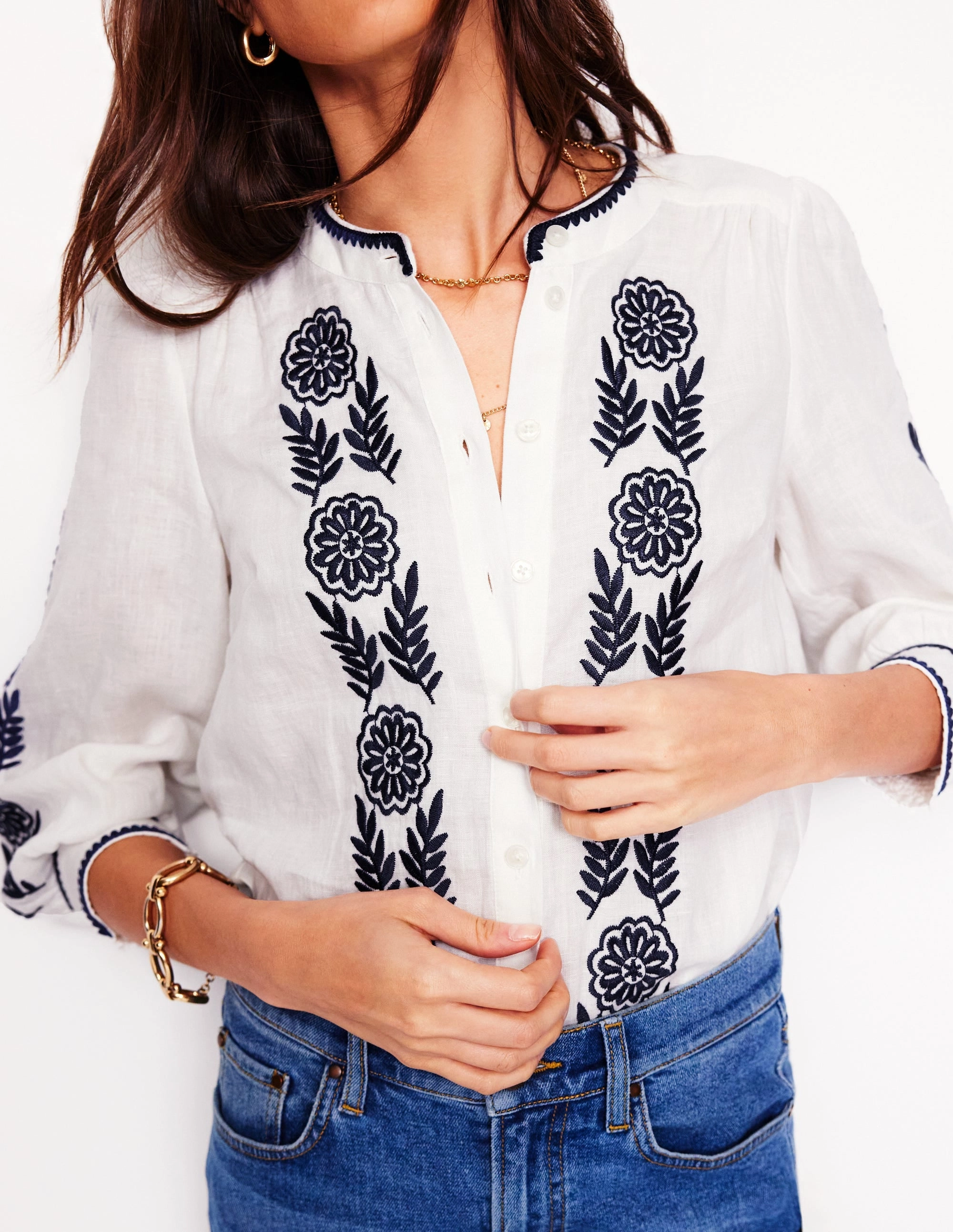 Alicia Linen Top-White, Navy Floral Embroidery Comfy and Soft