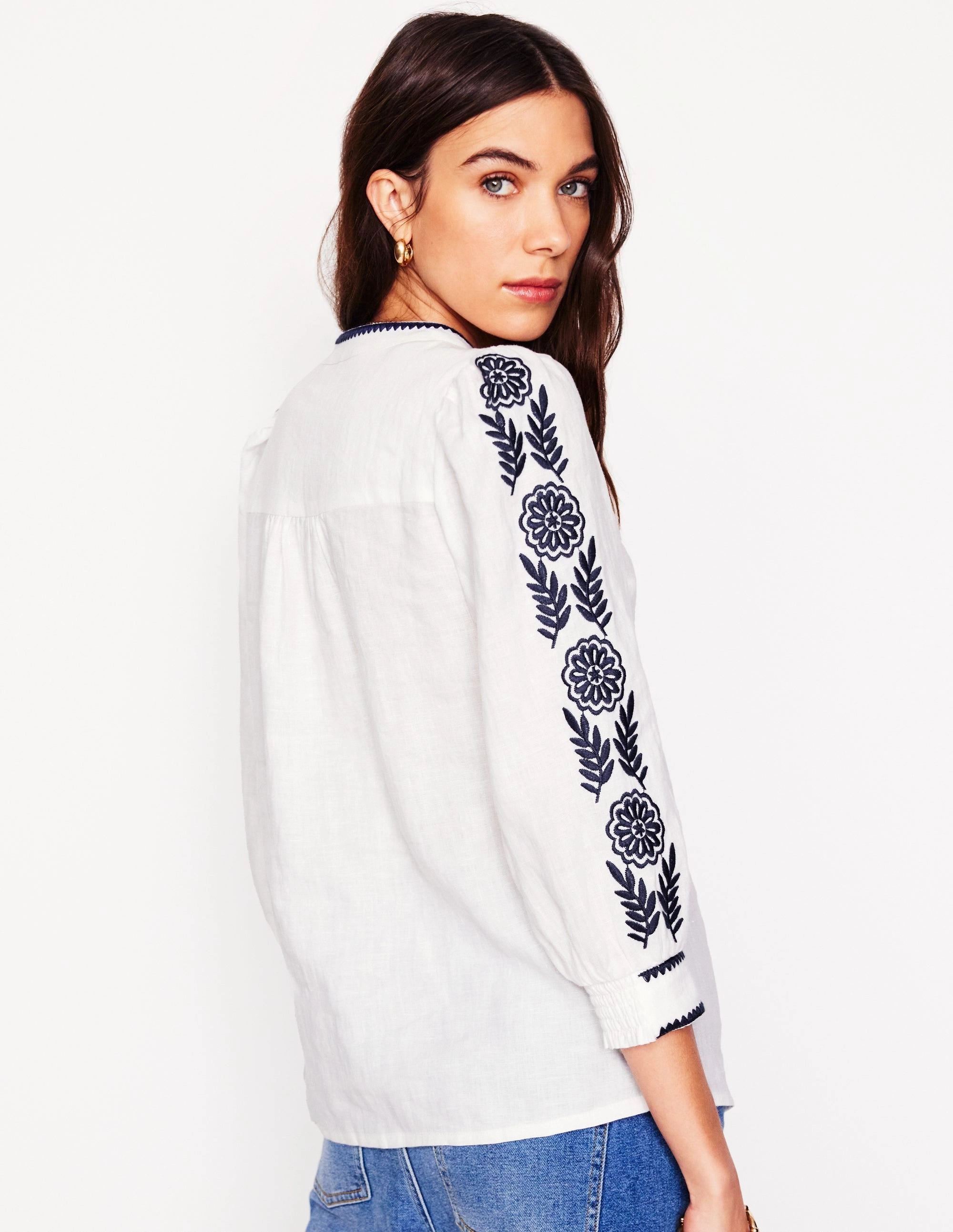 OekoTexCertified Airflow Ventilation Alicia Linen Top-White, Navy Floral Embroidery