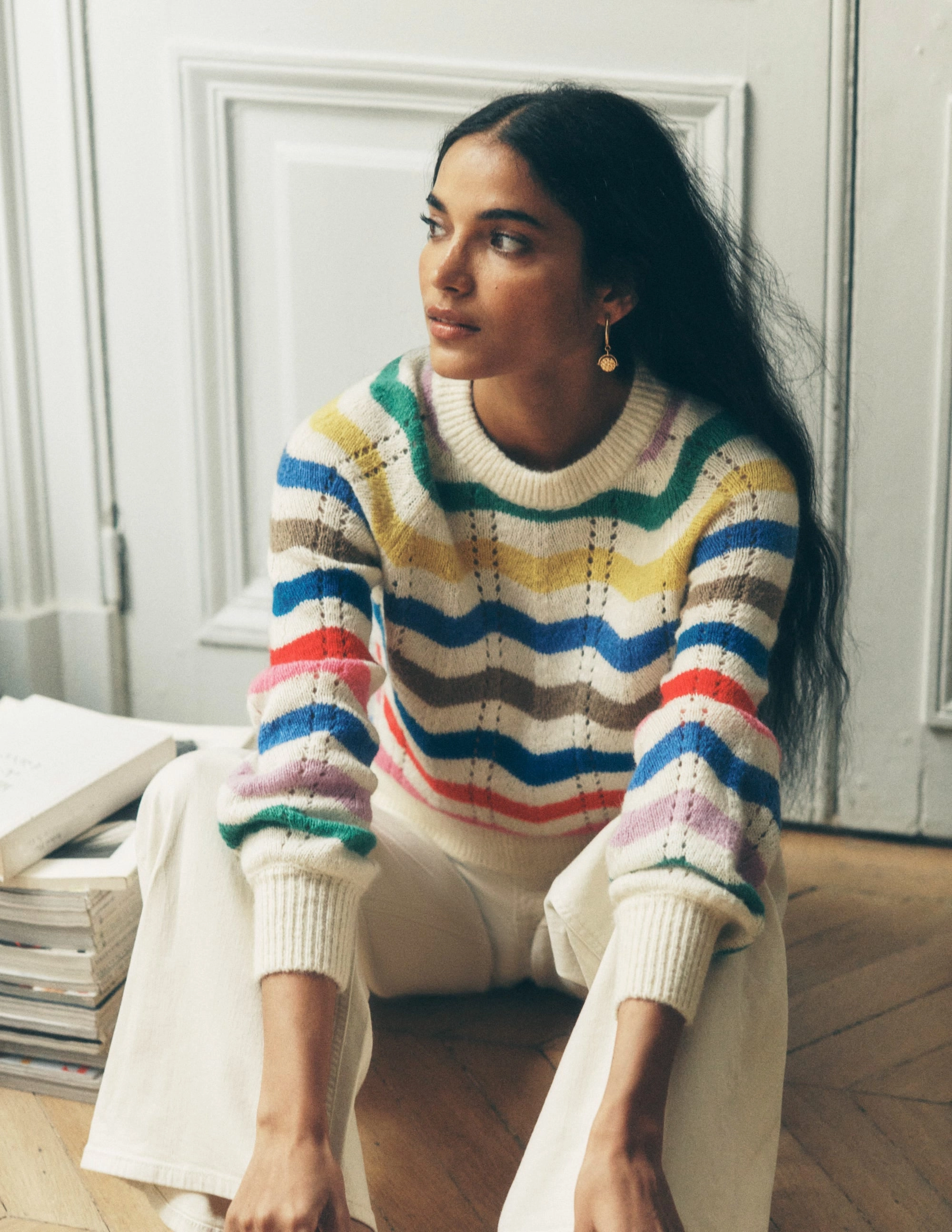 Alice Fluffy Raglan Jumper-Rainbow Wave Cozy Interior Fleece WaffleKnit Texture