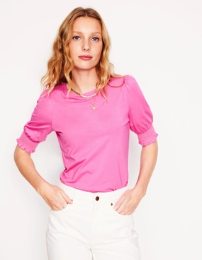 Soft Wearable Versatile Style Short Sleeve Smocked Cuff Top-Tickled Pink