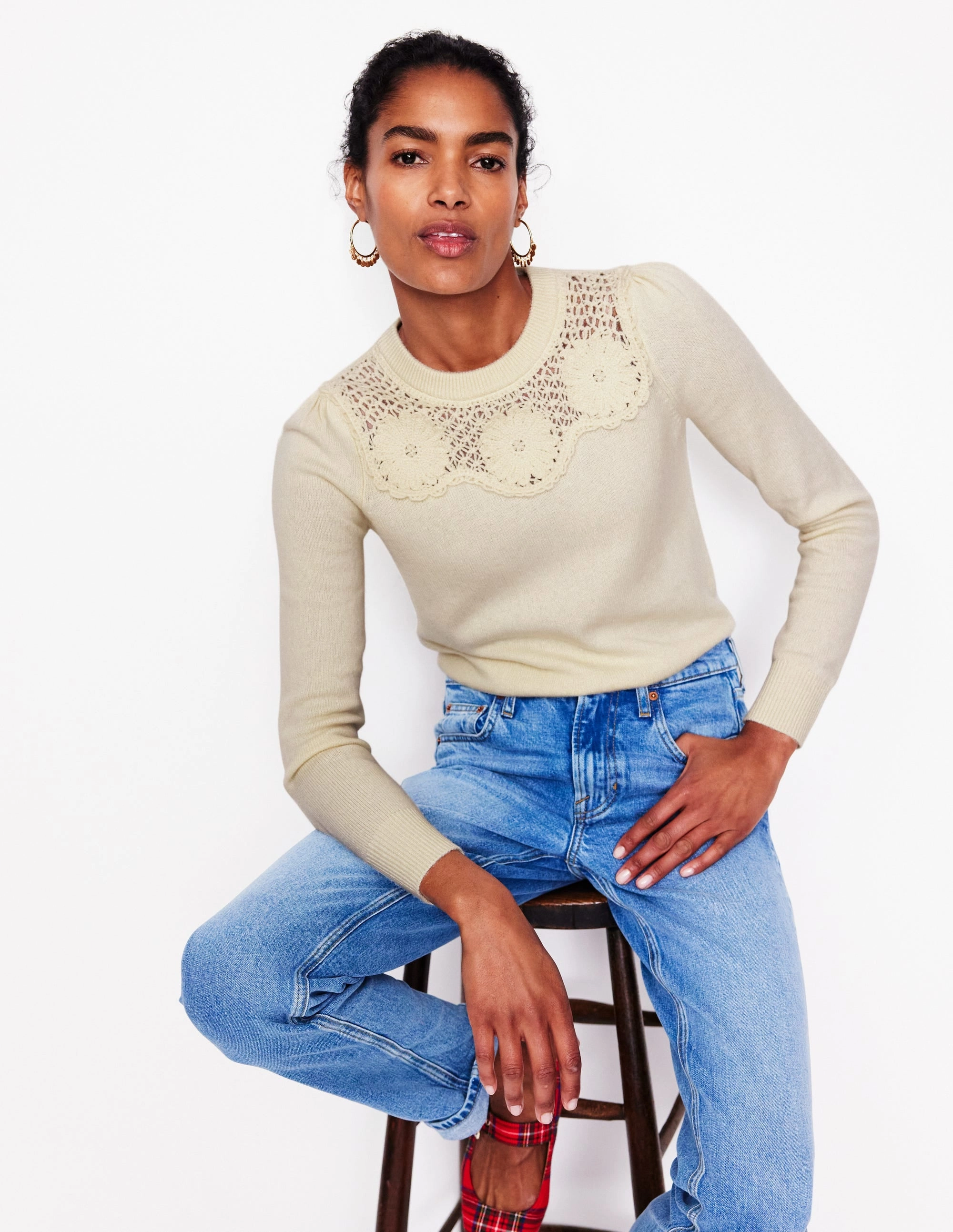 Flower Motif Jumper-Warm Ivory Melange Cashmere Blend