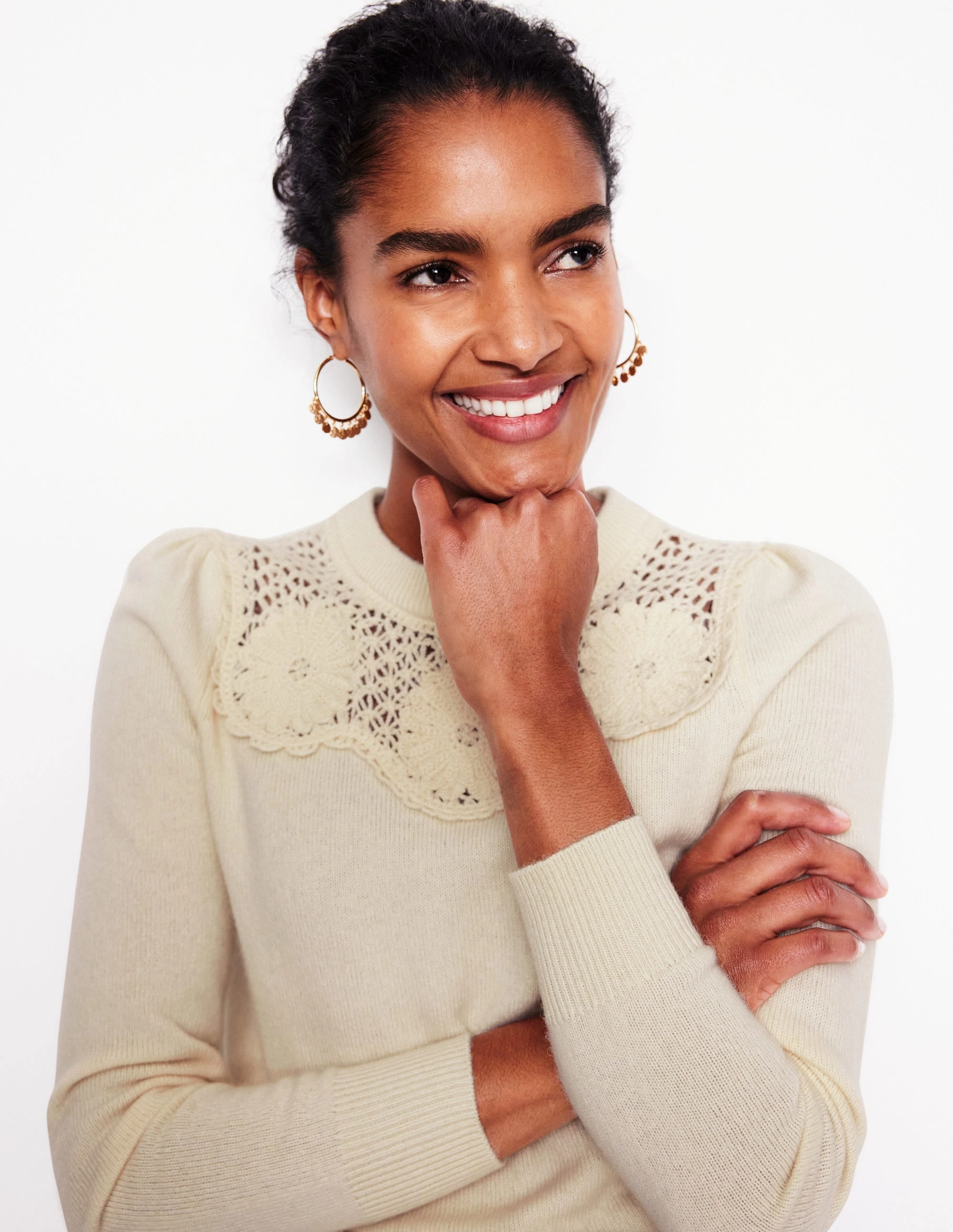 Stretch Ribbing Flower Motif Jumper-Warm Ivory Melange