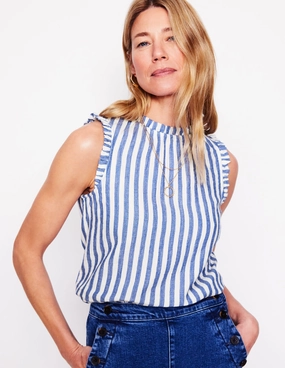 Sophie Ruffle Double Cloth Top-Bright Blue Stripe Chafe Free Armhole Layer Ready