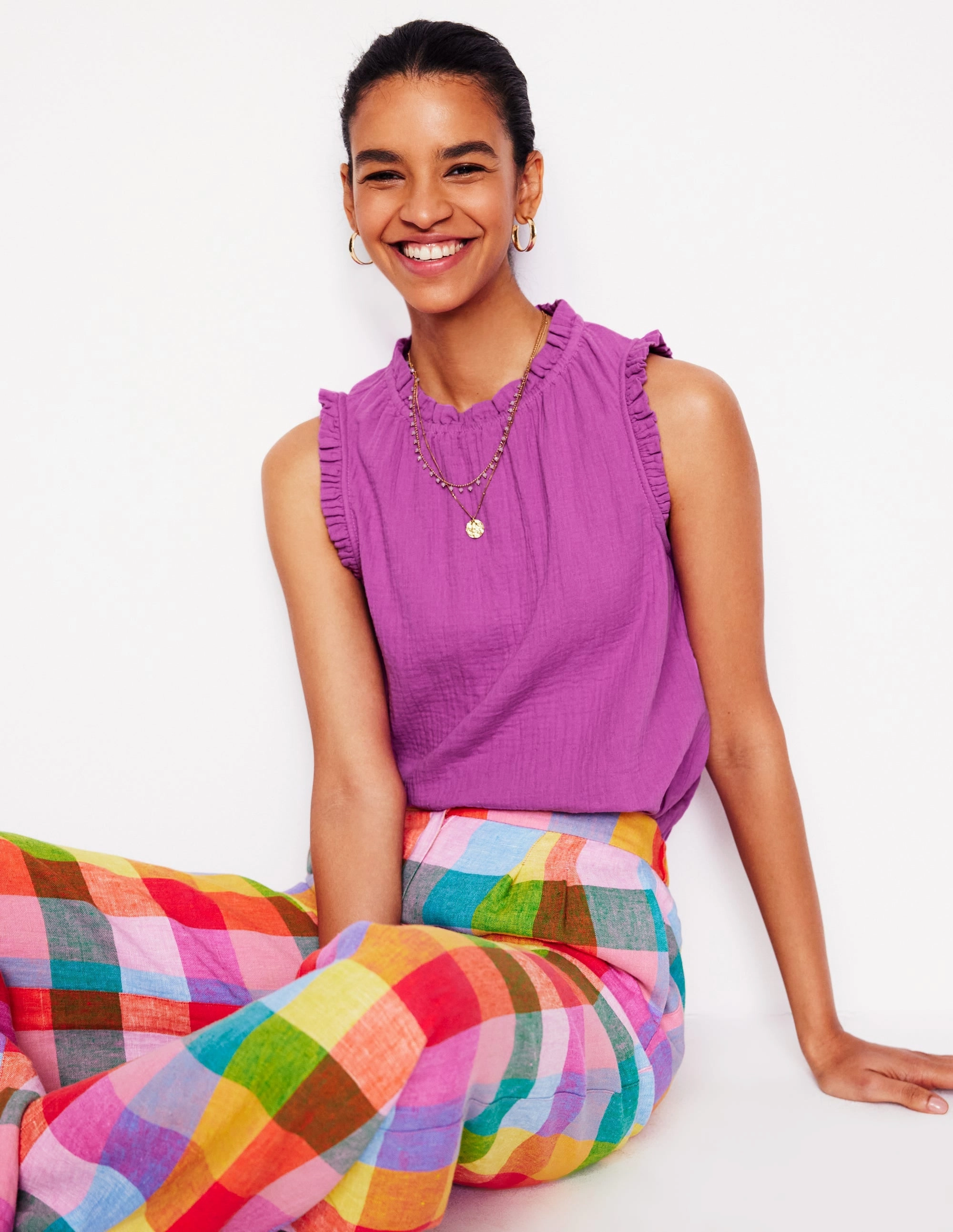 Stretch Waist Sophie Ruffle Double Cloth Top-Foxglove Purple