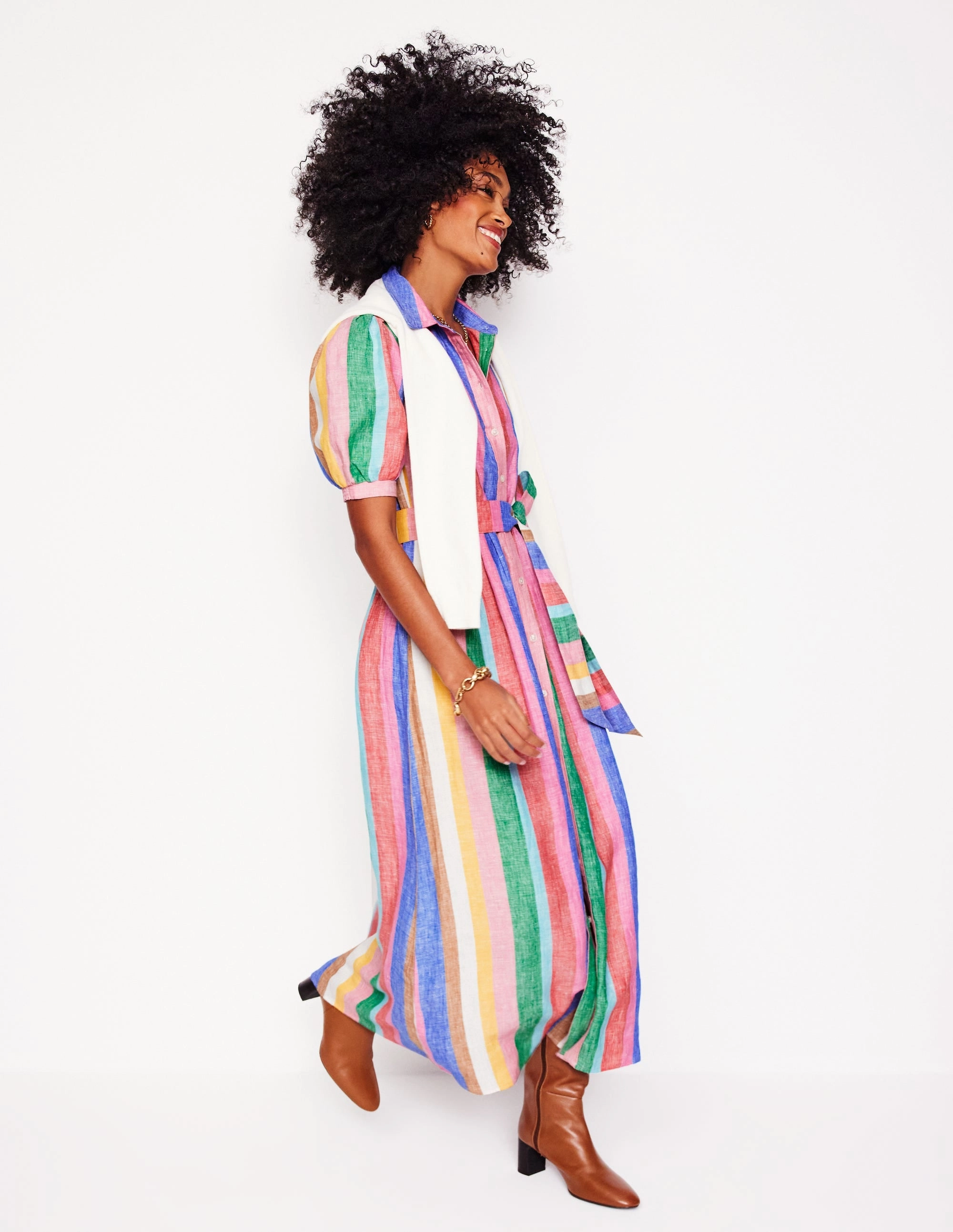 Alexa Linen Maxi Shirt Dress-Bright Rainbow Stripe Date Nightwear