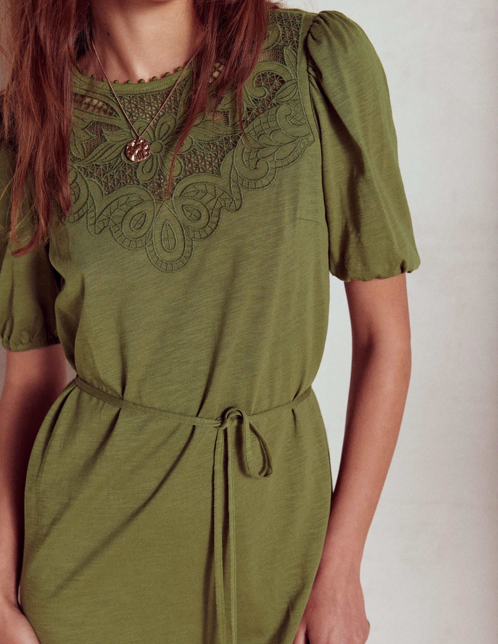 Flared-Hem Style Moment Cutwork Detail Short Dress-Woodland Green