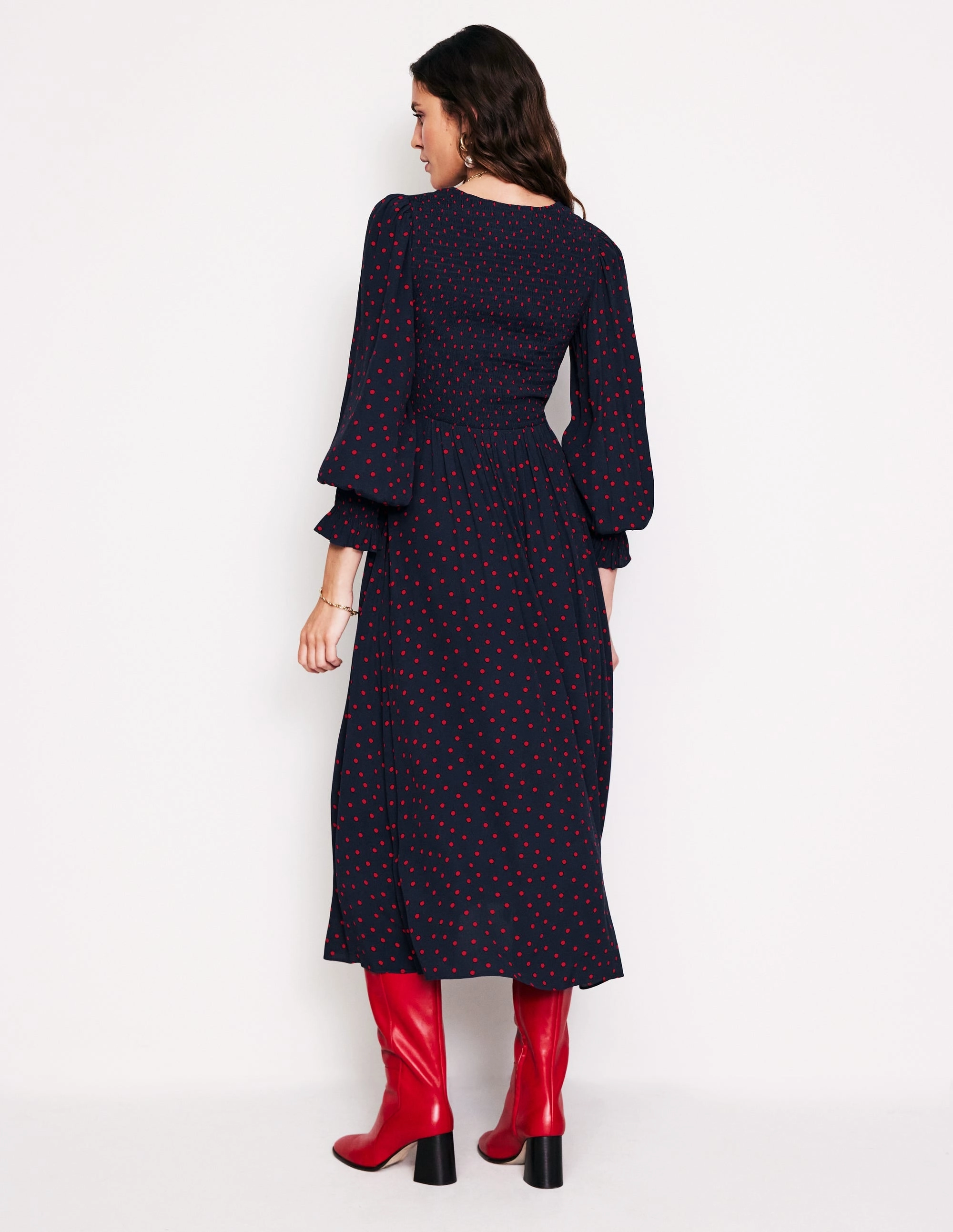 Gemma Smocked Midi Dress-High Risk Red, Abstract Dot Moment Soft