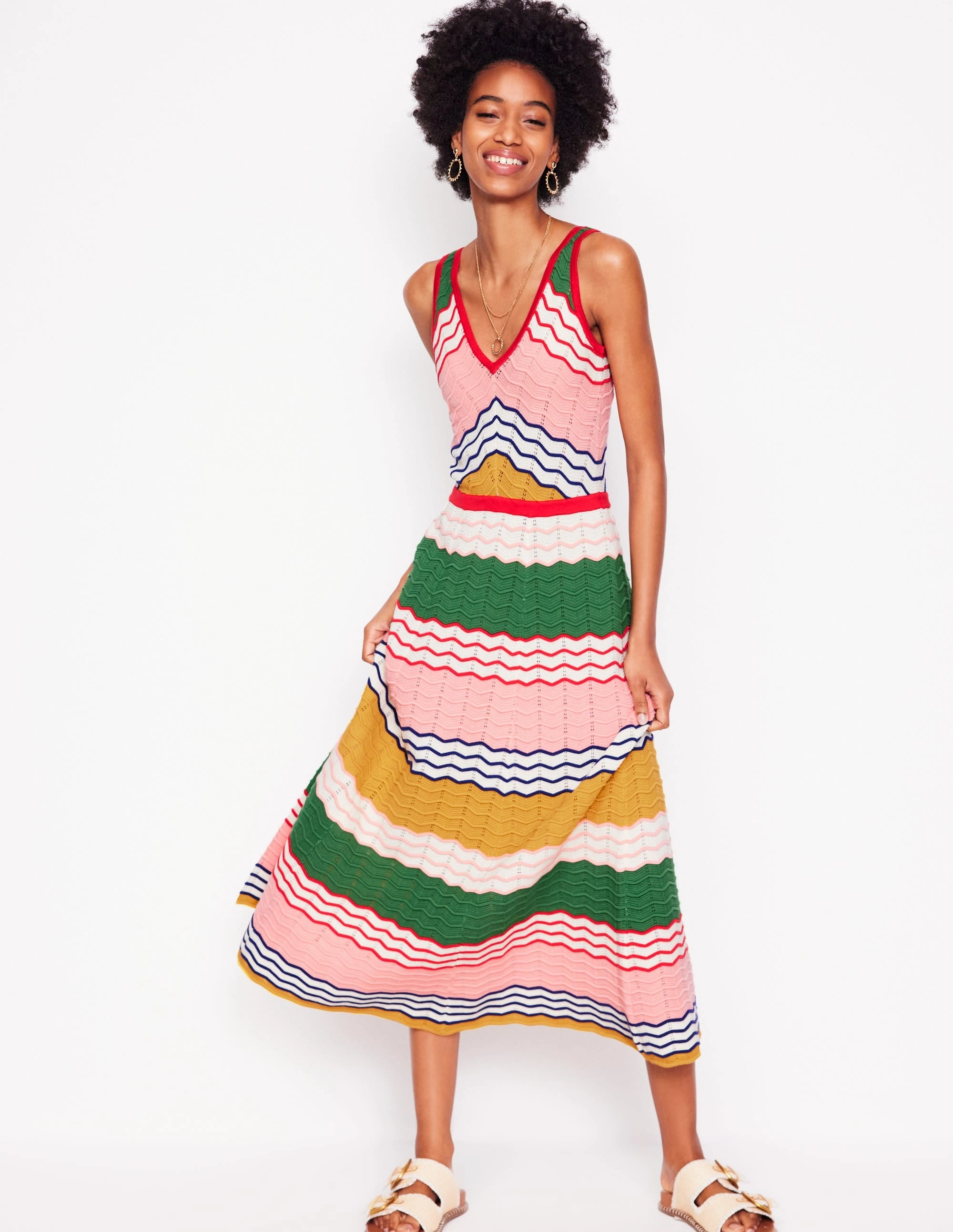 Church Scene Front-Slit V-Neck Maxi Knitted Dress-Multi Stripe