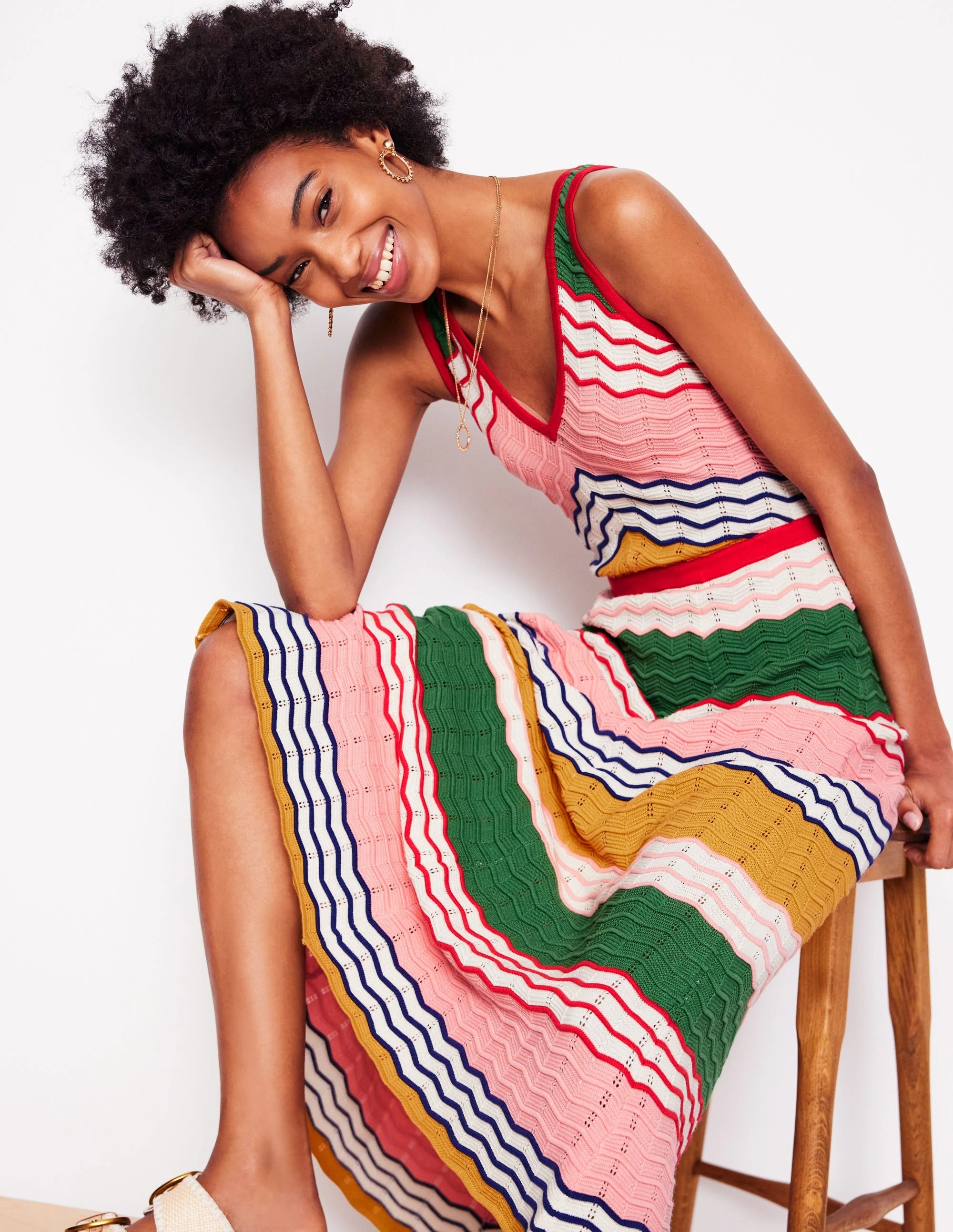 V-Neck Maxi Knitted Dress-Multi Stripe Pink Glow