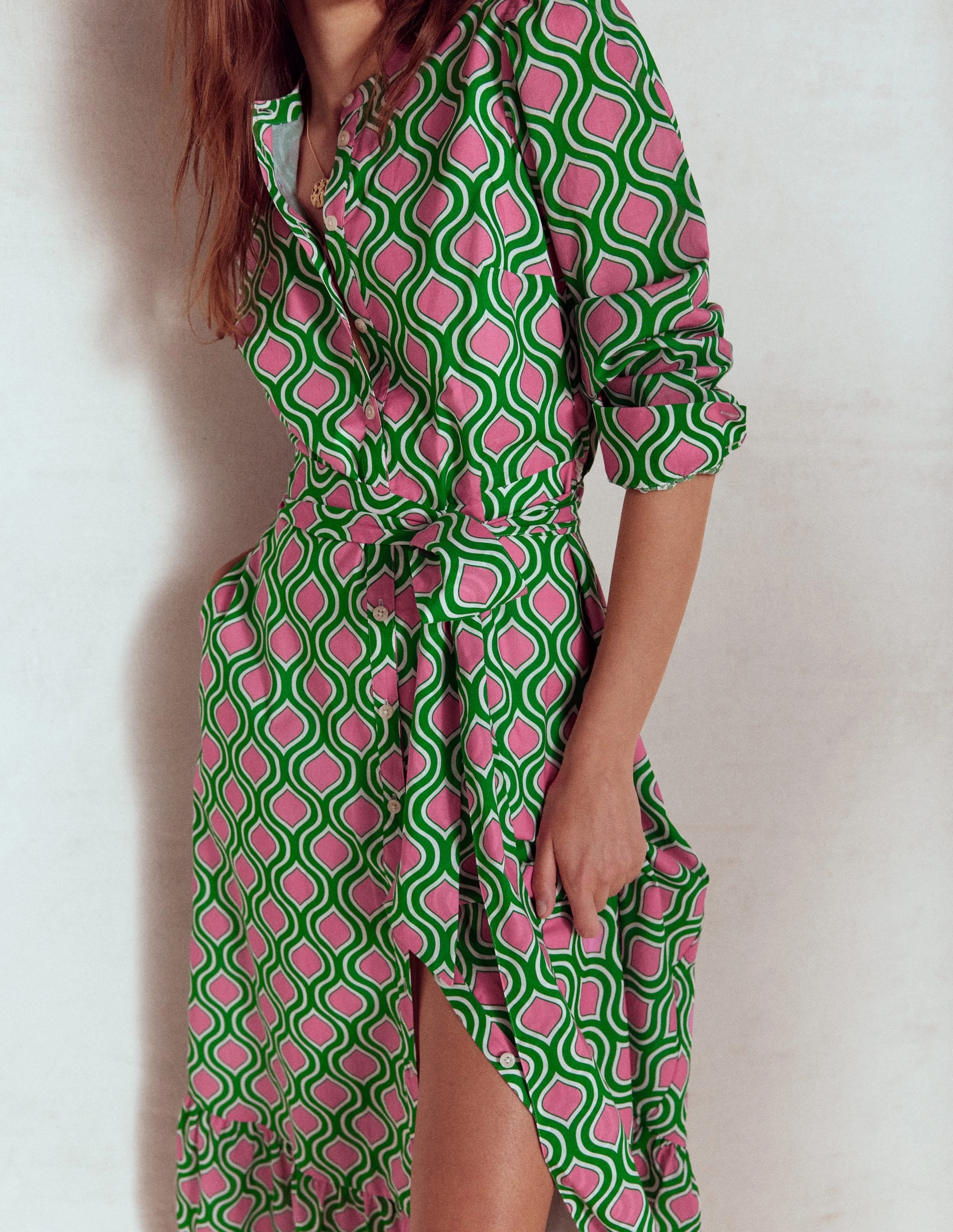 Villa Light Mia Tiered Shirt Dress-Rich Emerald, Geo Trellis