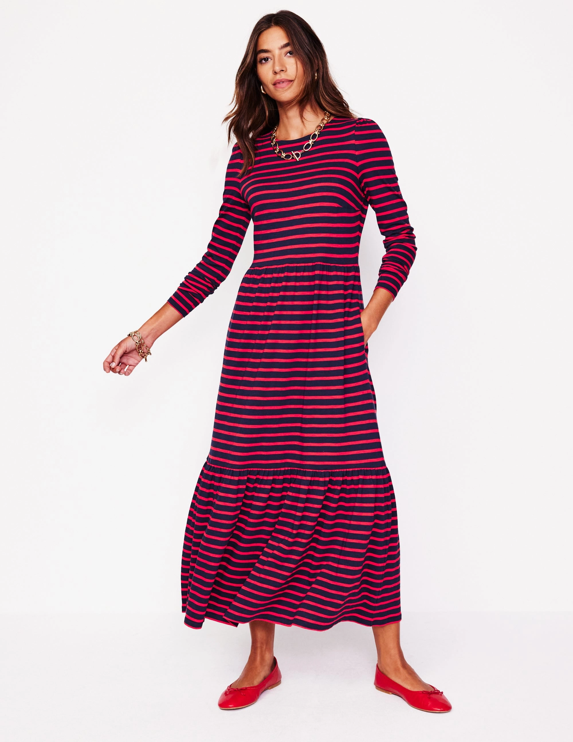 Perfect Mood Emma Long Sleeve Jersey Dress-Navy, Rouge Stripe