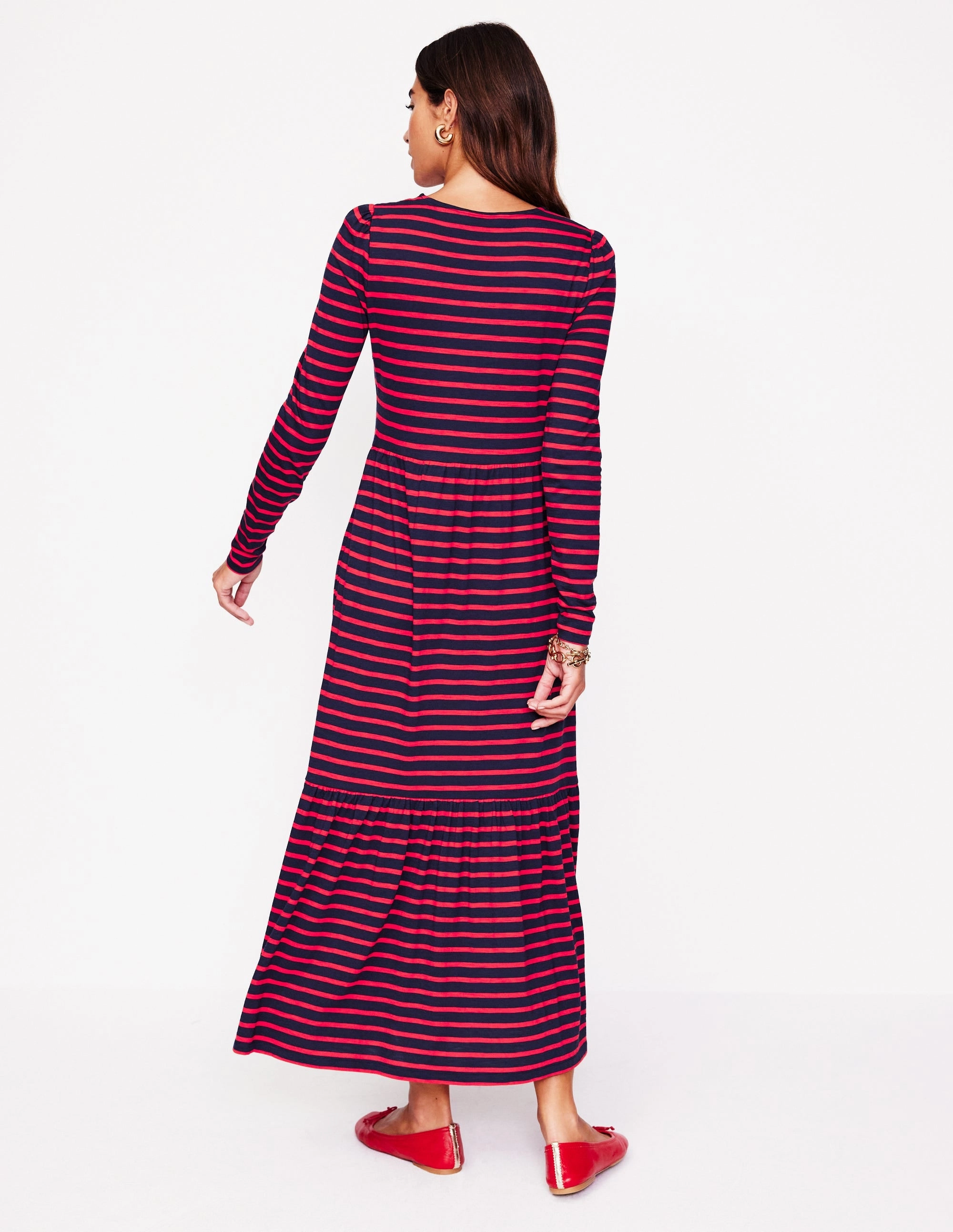 Formal Style Emma Long Sleeve Jersey Dress-Navy, Rouge Stripe
