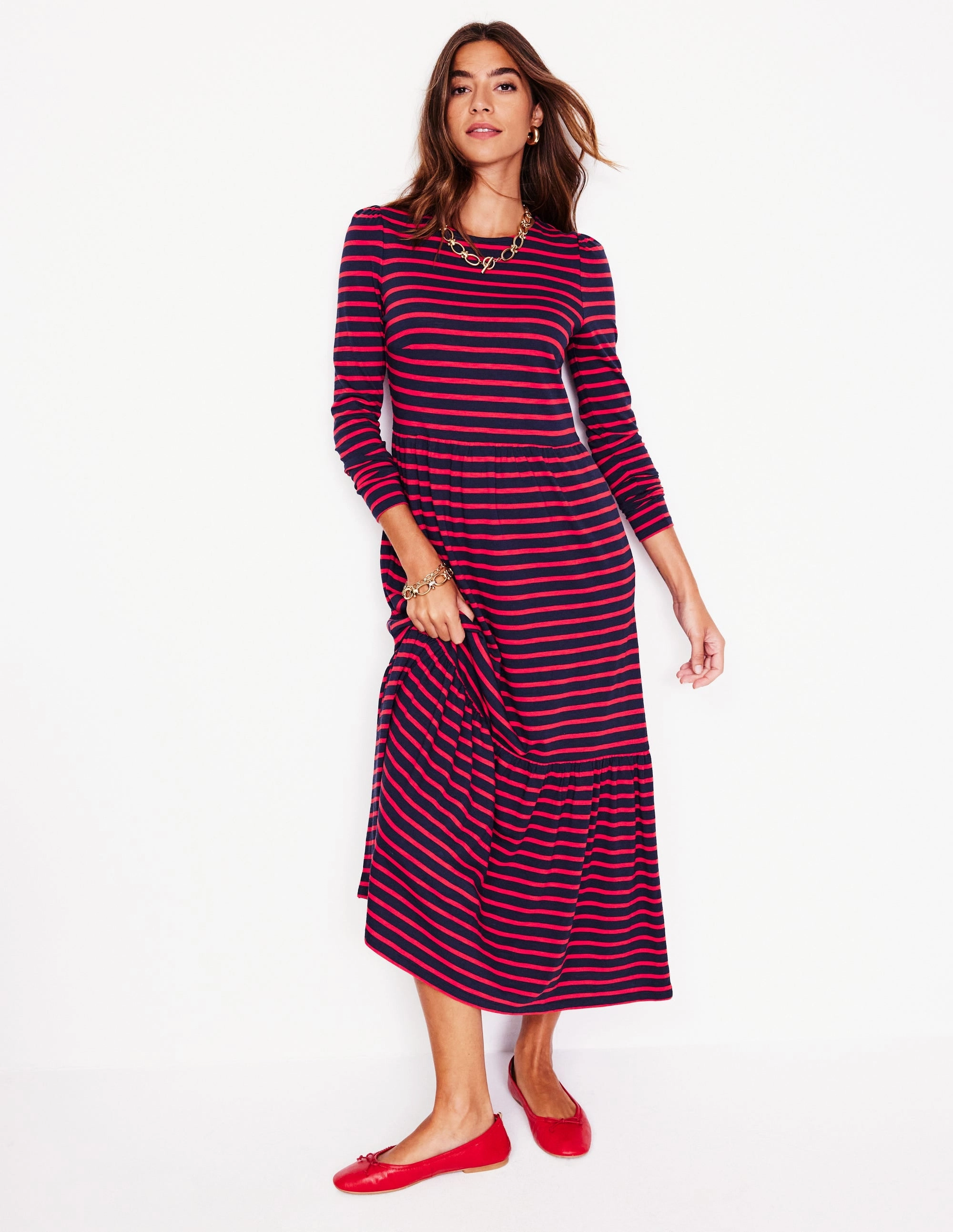 Gemstone-Detail Emma Long Sleeve Jersey Dress-Navy, Rouge Stripe
