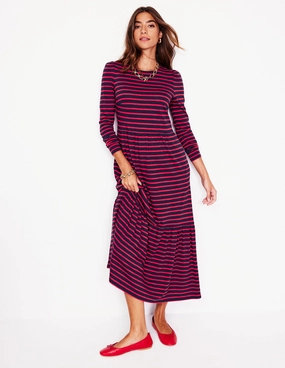 Gemstone-Detail Emma Long Sleeve Jersey Dress-Navy, Rouge Stripe