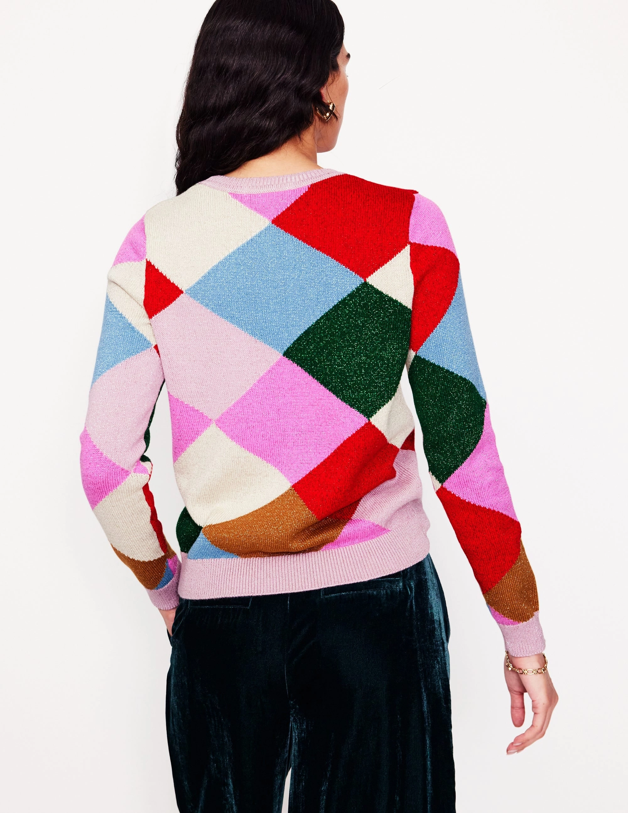 Zero Waste Knitting Technique Sparkly Argyle Jumper-Multi Rainbow, Argyle