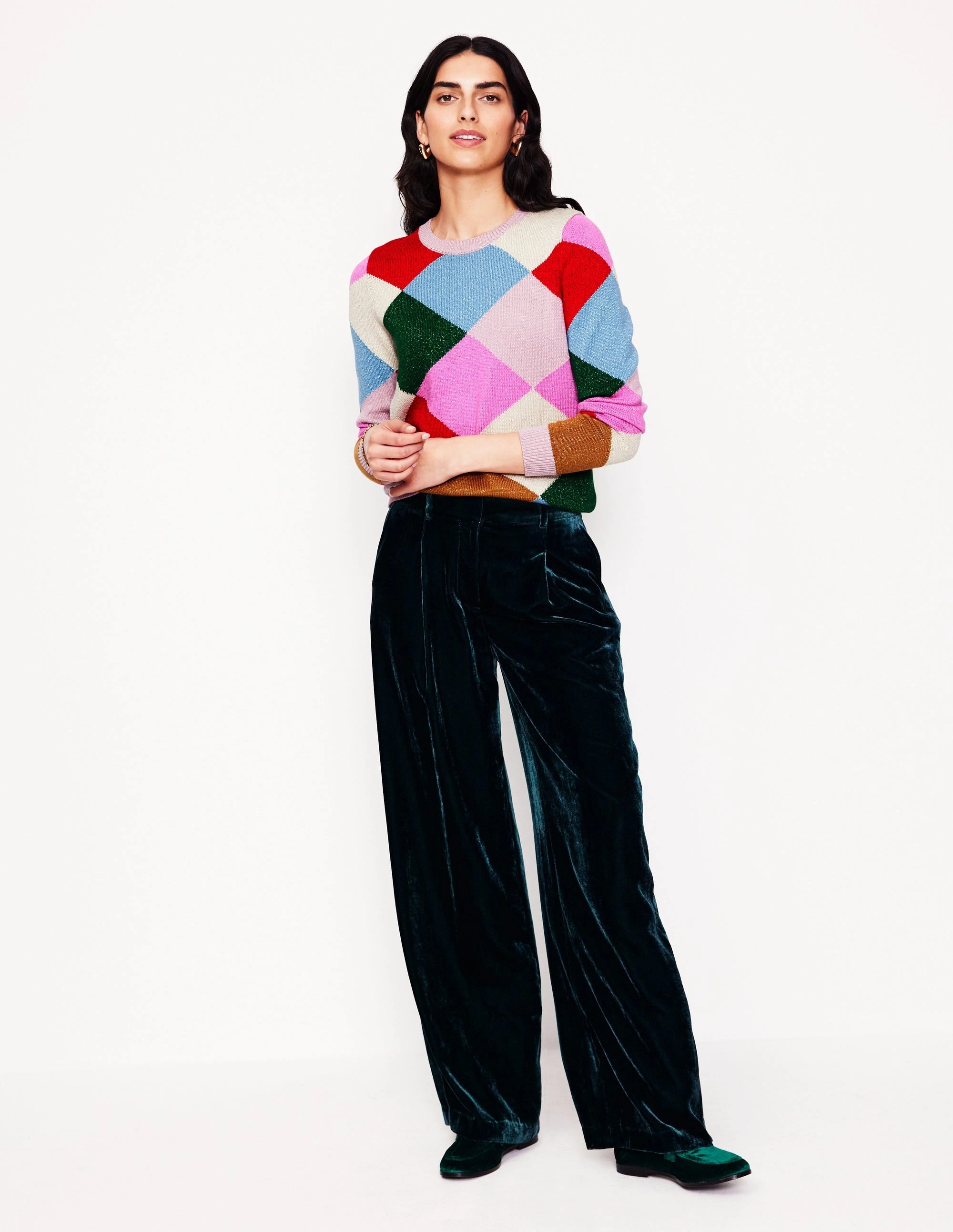 Street Casual Style Chic Look Sparkly Argyle Jumper-Multi Rainbow, Argyle