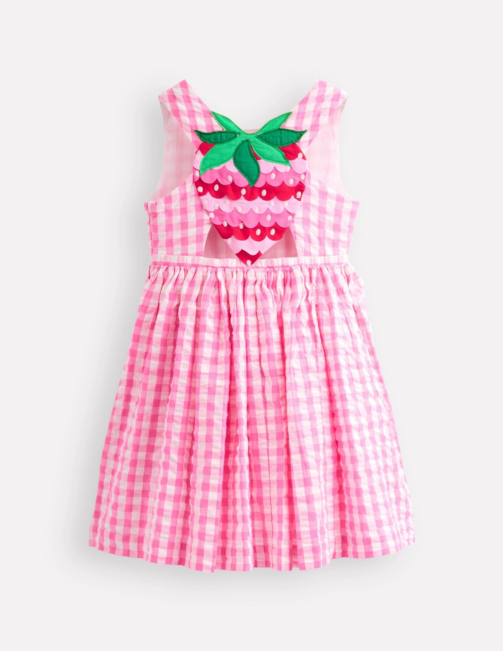 Zadie Applique Back Dress-Pink Gingham Strawberry Open-back