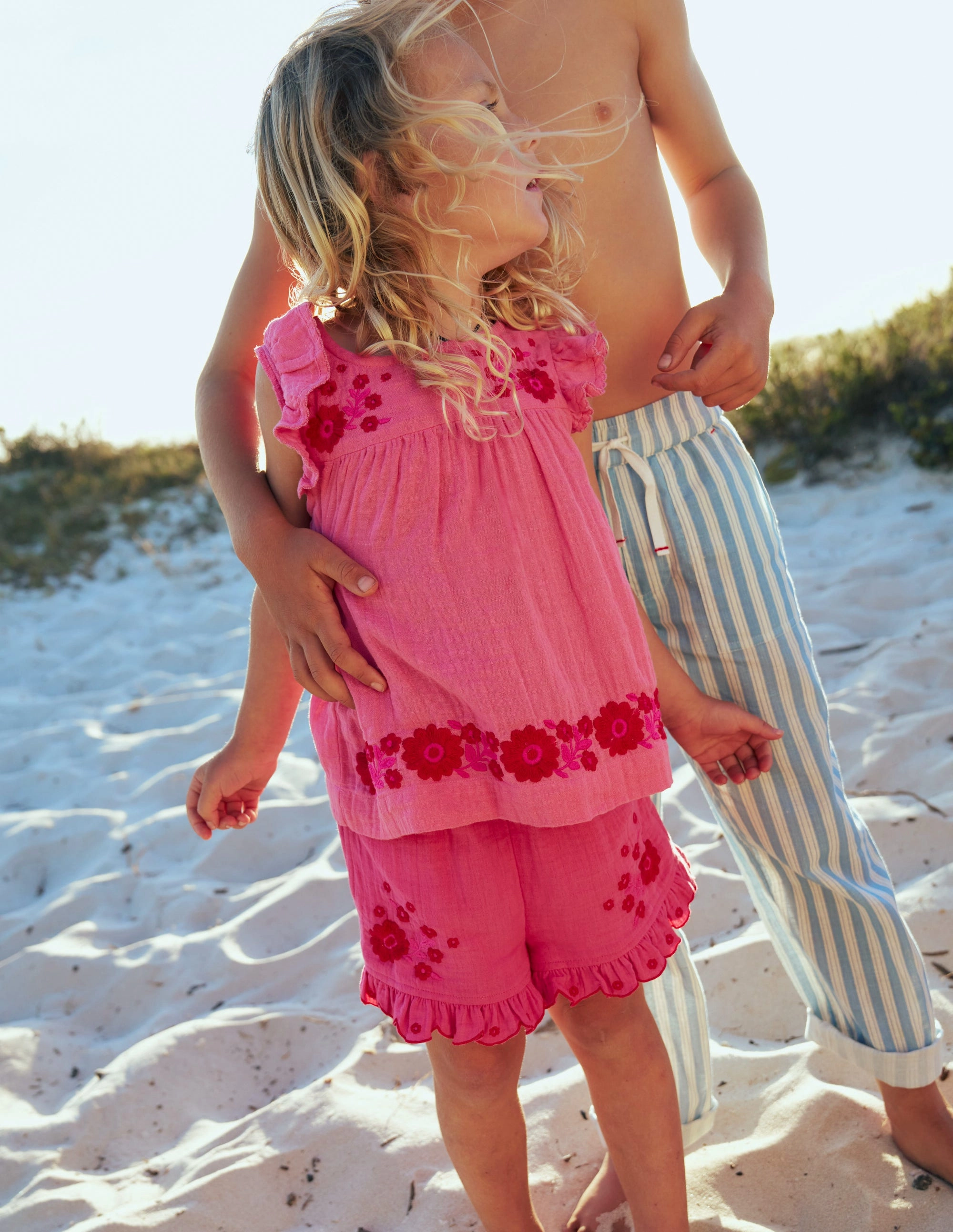 Sleek Waistband Double Cloth Frill Hem Shorts-Sorbet Pink Embroidered