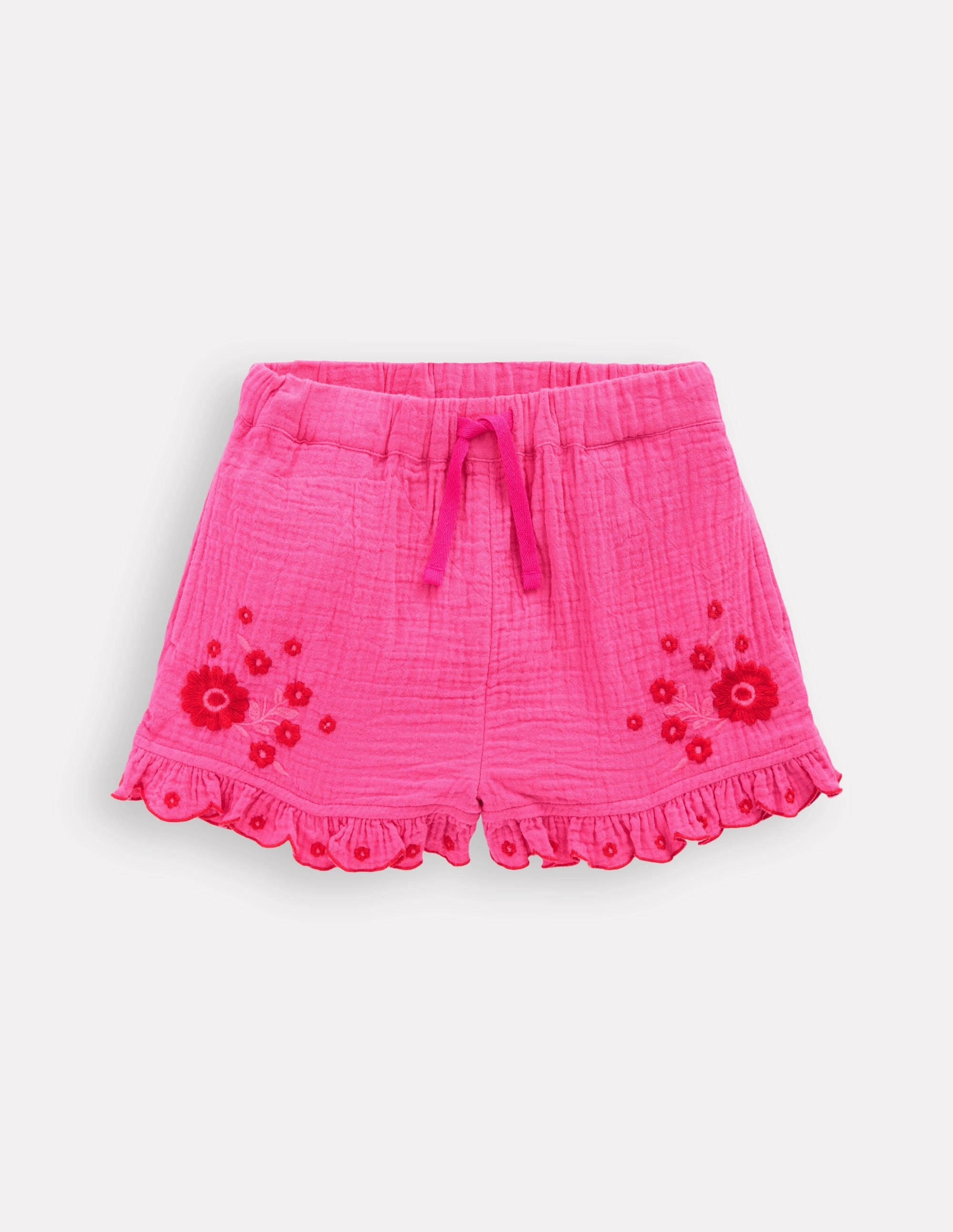 Fresh Day Cool Basic Double Cloth Frill Hem Shorts-Sorbet Pink Embroidered