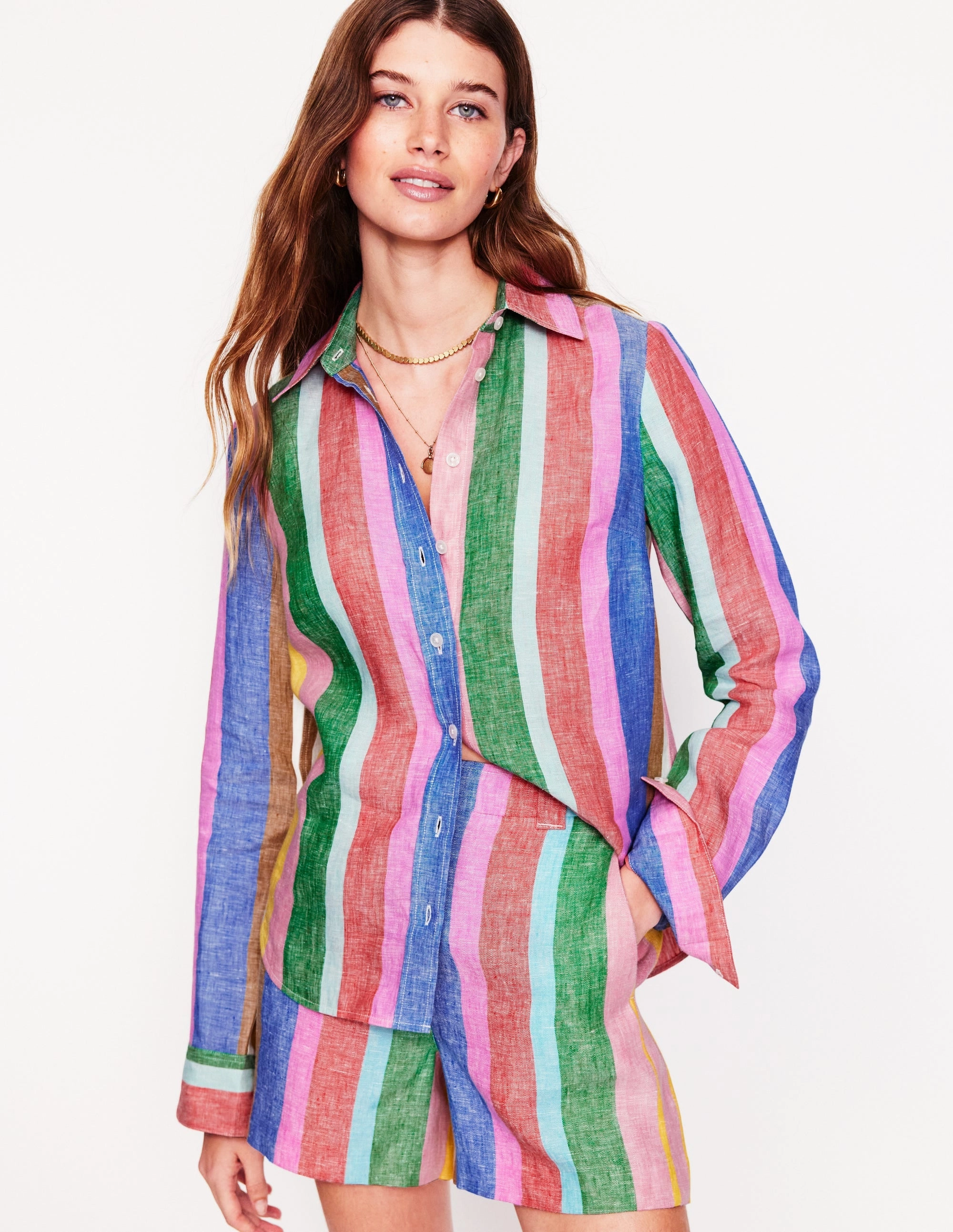 Rayon blend Athletic Wear Sienna Linen Shirt-Bright Rainbow Stripe