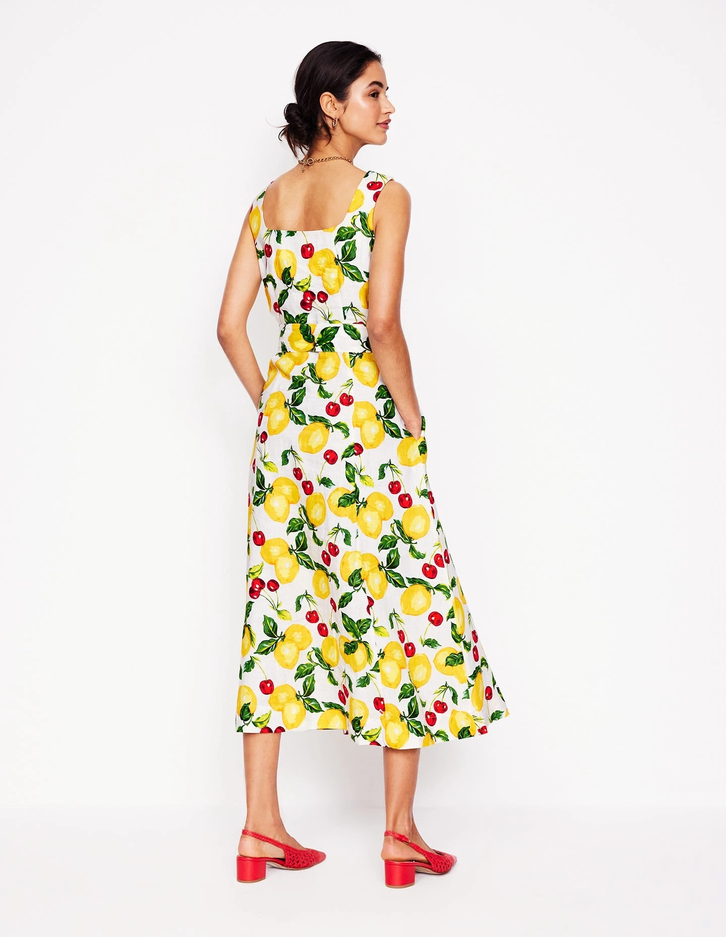 Square Neck Linen Midi Dress-Ivory, Cherries and Lemons Workwear