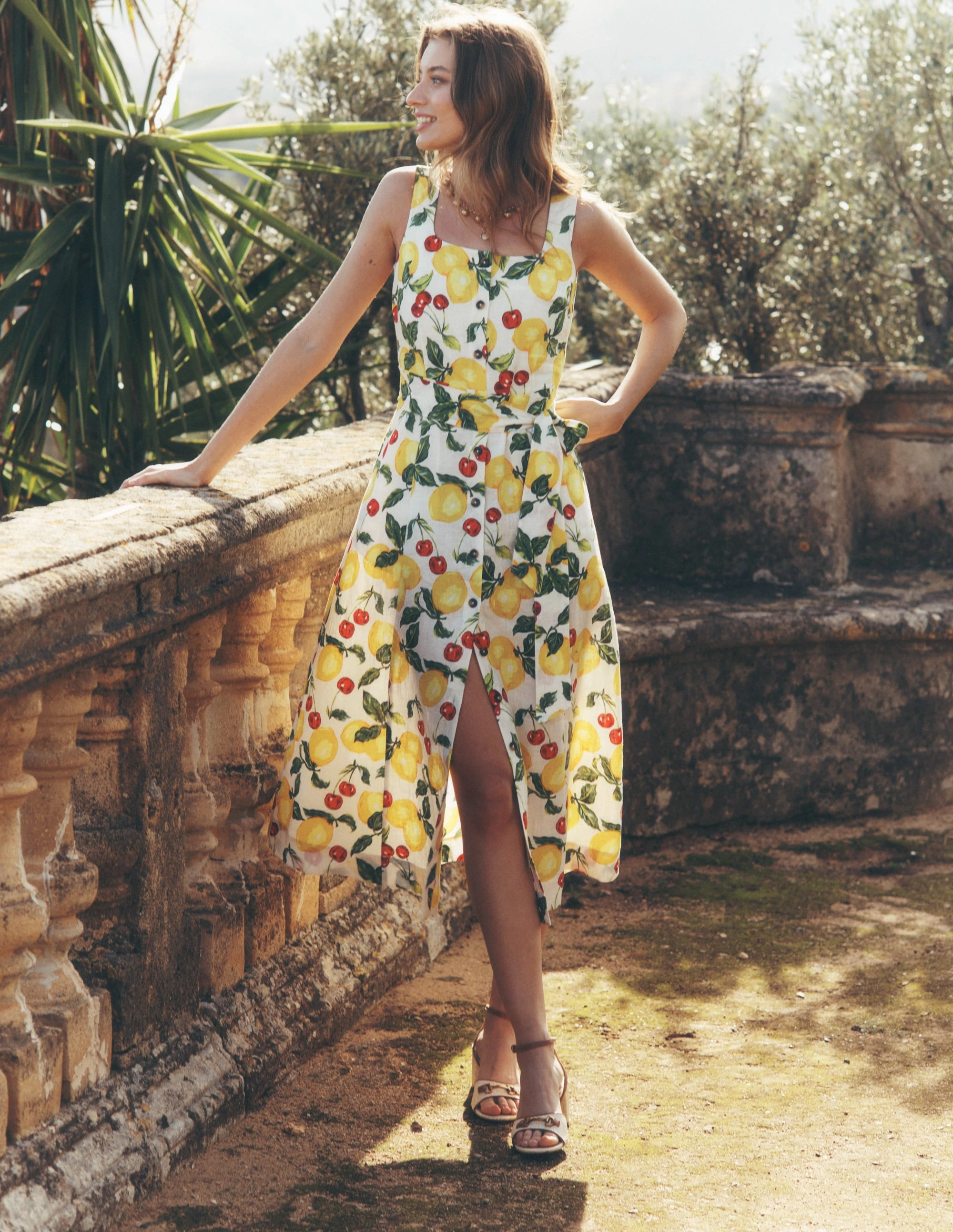 Square Neck Linen Midi Dress-Ivory, Cherries and Lemons Feminine Style