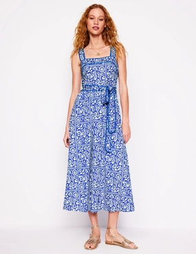 Formal Look Relaxed Design Square Neck Seam Midi Dress-Gallery Blue, Vine Tile