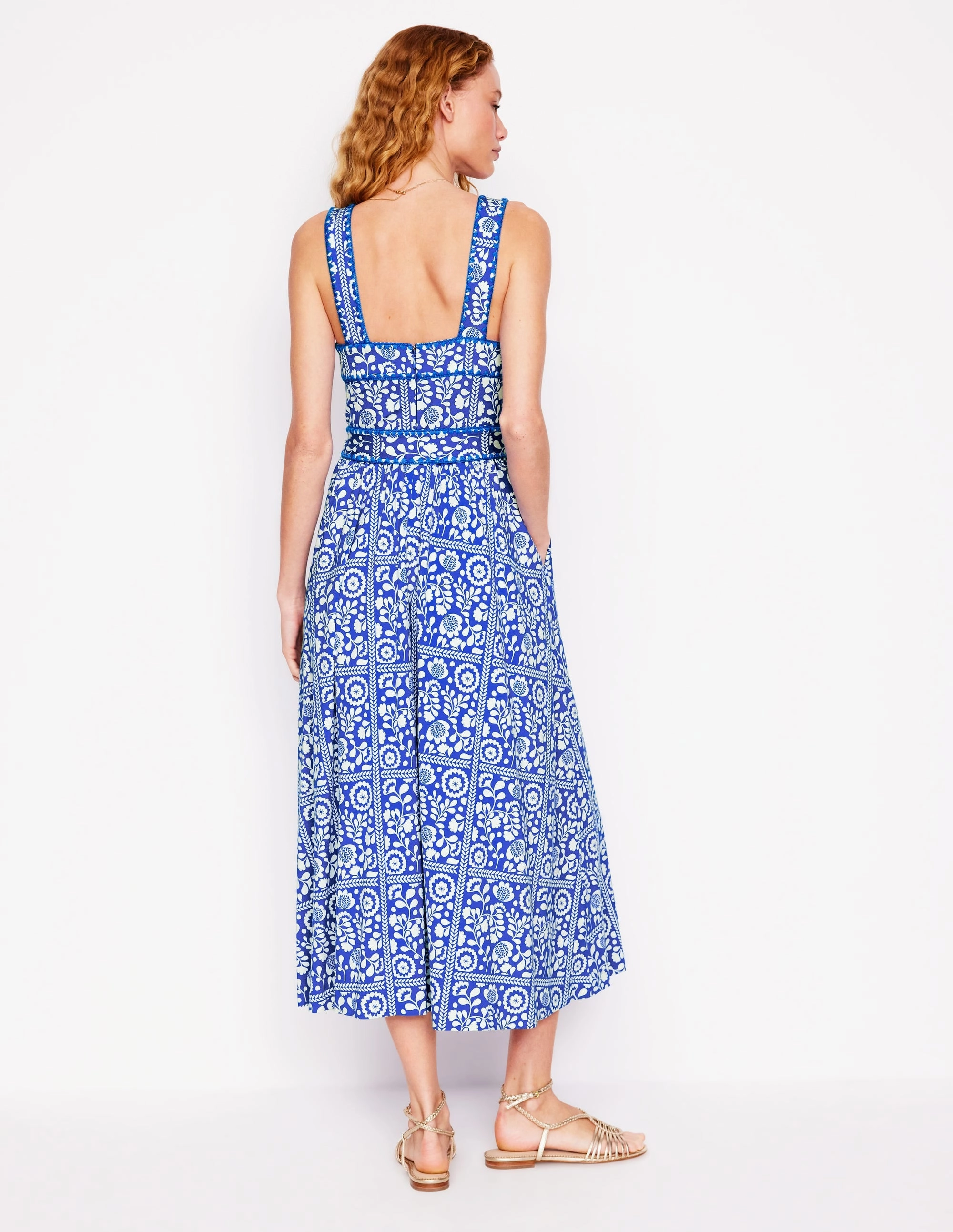 Breathable Square Neck Seam Midi Dress-Gallery Blue, Vine Tile