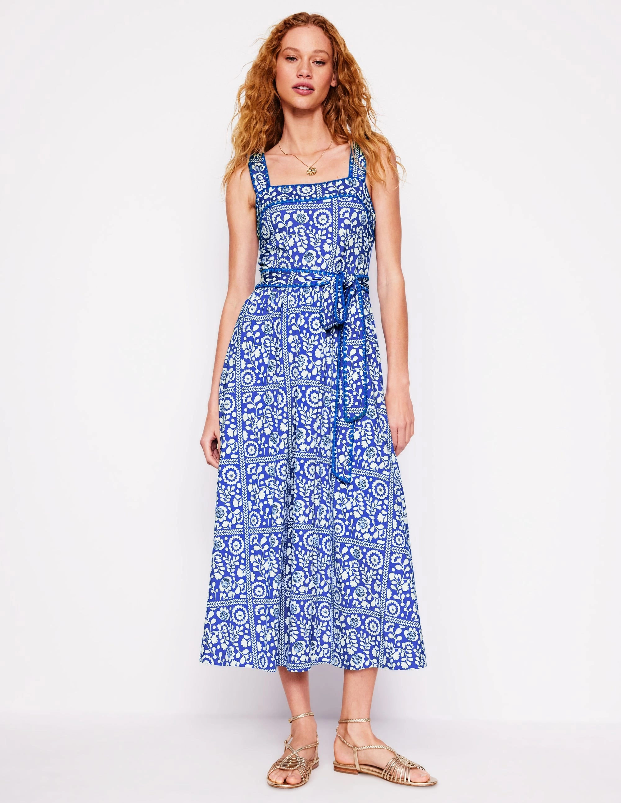 Formal Look Relaxed Design Square Neck Seam Midi Dress-Gallery Blue, Vine Tile