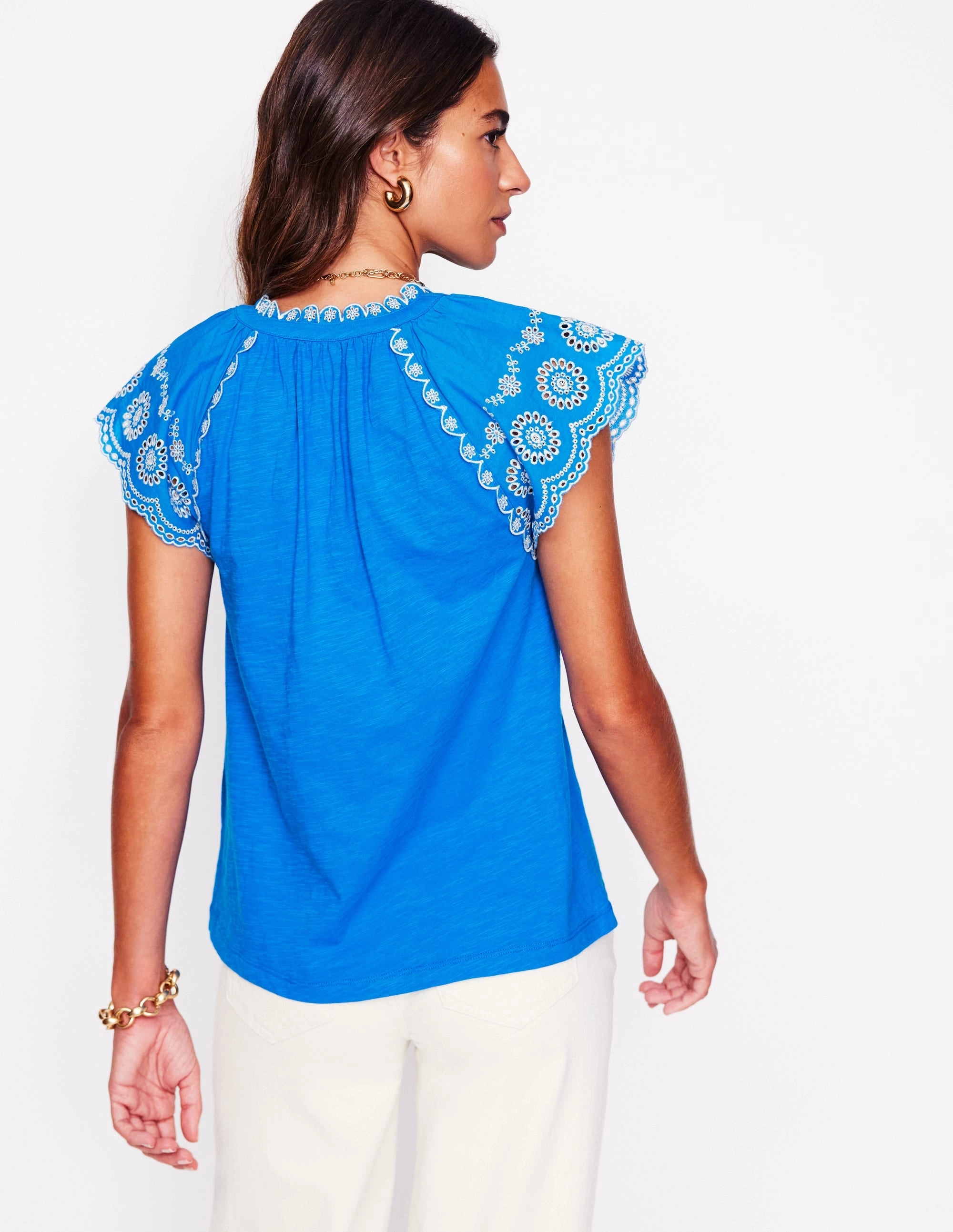 Comfy Waistband Sport Flex Ila Broderie Sleeve Notch Top-Kingfisher Blue