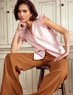 Frill Sleeve Seersucker Top-Pink Rose Fine Stripe No-Fuss Design Layered Shoulder Design