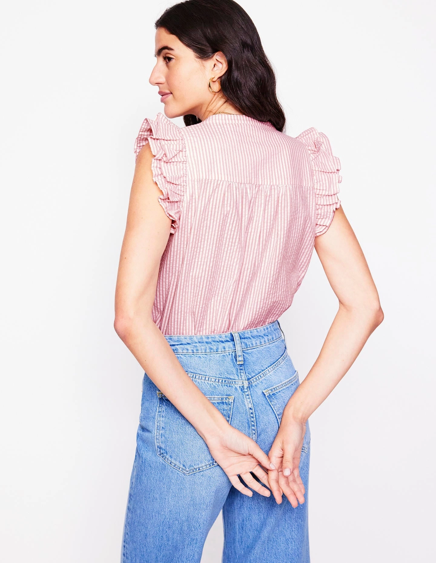 Frill Sleeve Seersucker Top-Pink Rose Fine Stripe Basic Wear