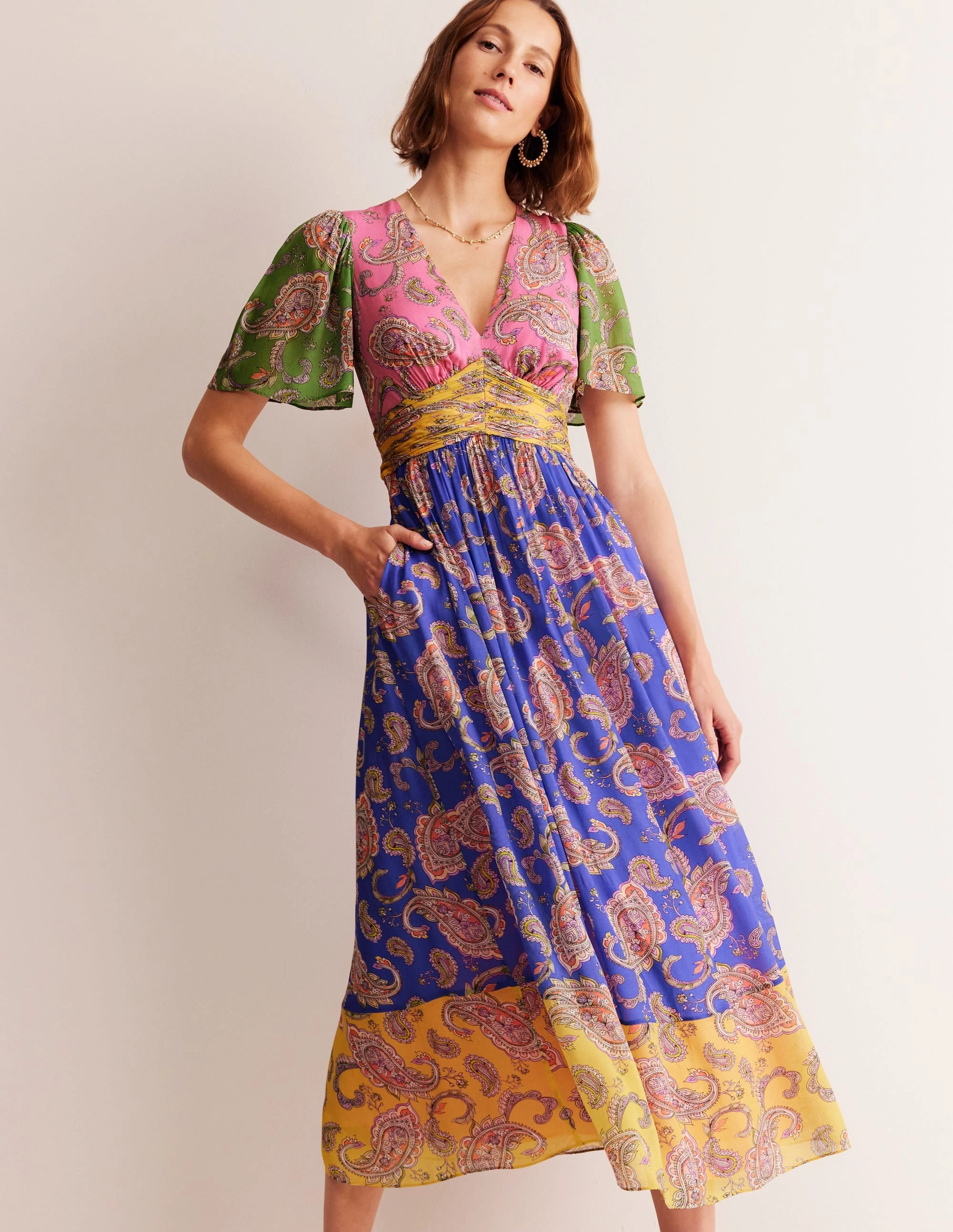 Empire Ruched Maxi Dress-Cashmere Rose, Wild Paisley Printed-Lining Comfortable Waist Design Fit