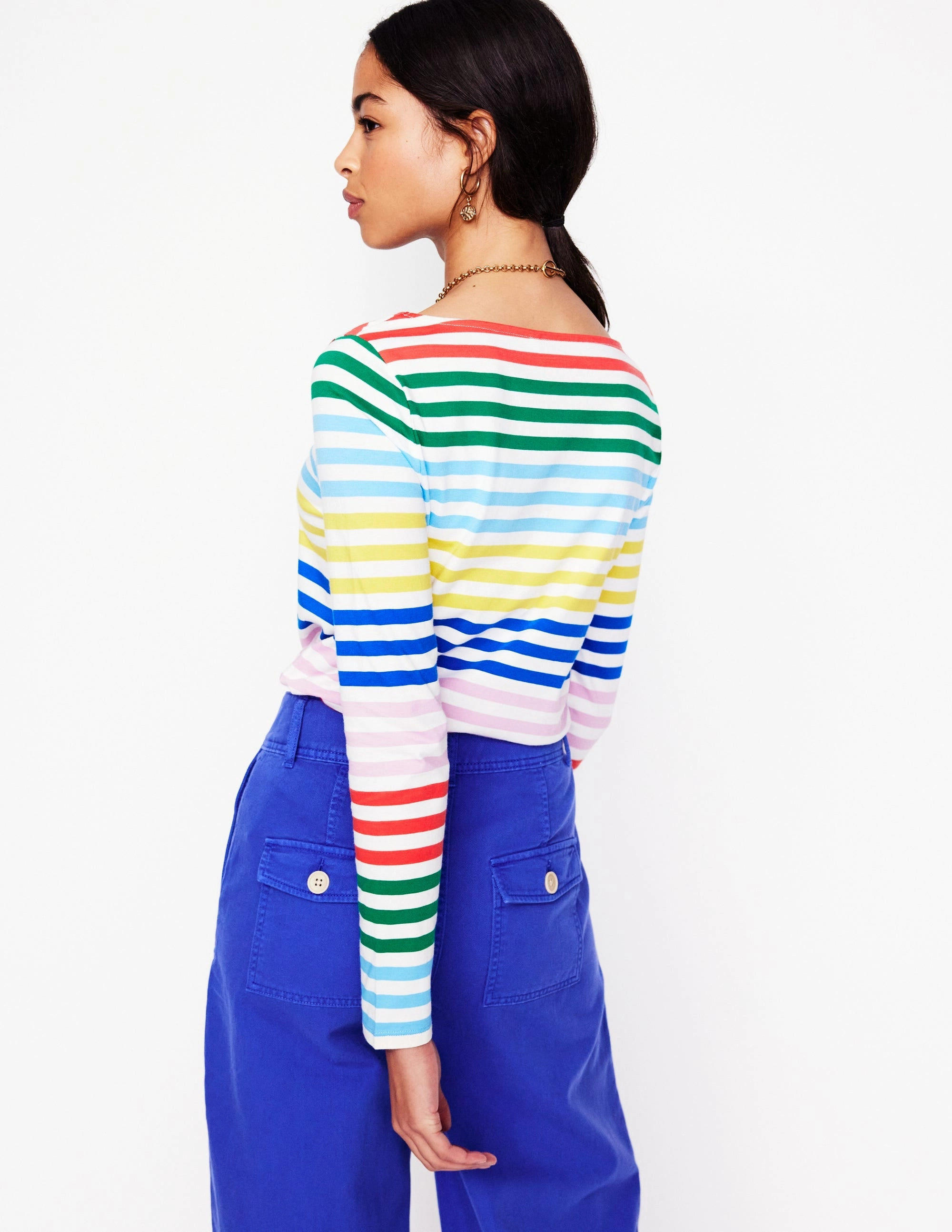 Comfy Apparel Perfect Design Ella Long Sleeve Breton-Banded Rainbow Stripe
