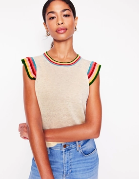 Josie Frilled Linen Tank-Warm Ivory, Multi Stripe Biodegradable Fabric Layer Trend