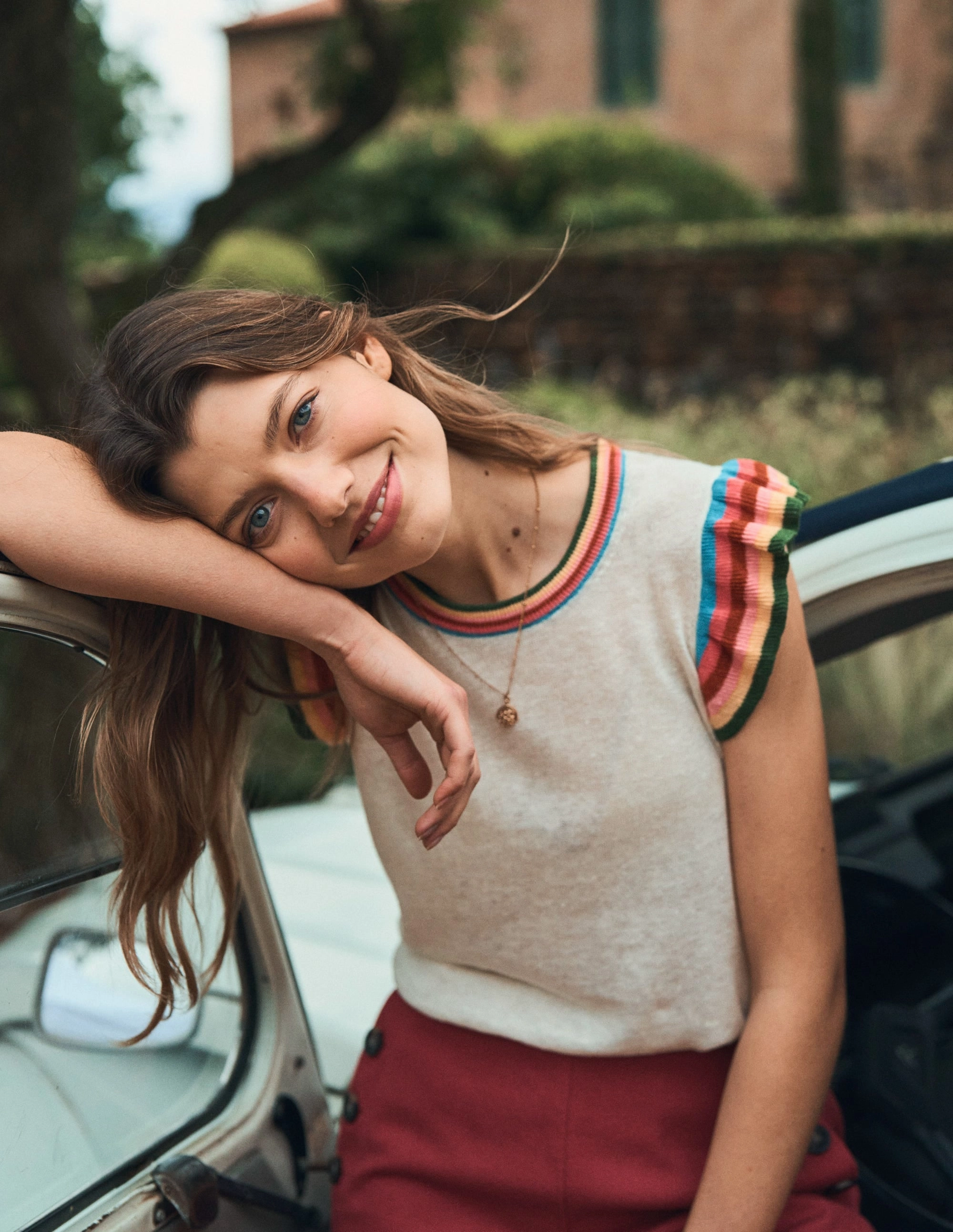 Low Maintenance Fibers Josie Frilled Linen Tank-Warm Ivory, Multi Stripe