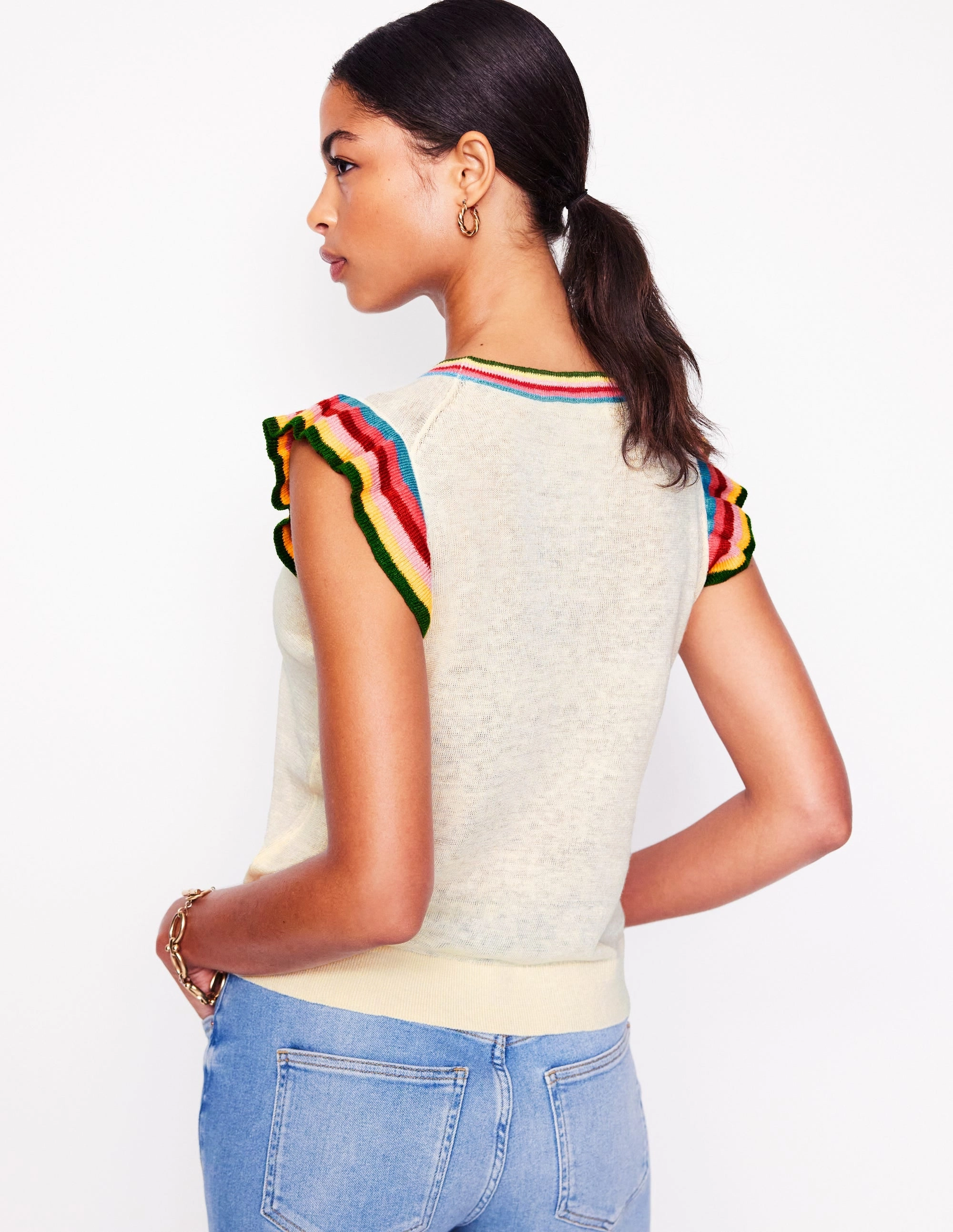 Josie Frilled Linen Tank-Warm Ivory, Multi Stripe Soft Material