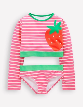 Roll Resistant Hem Cropped Rash Vest Set-Strawberry Stripe