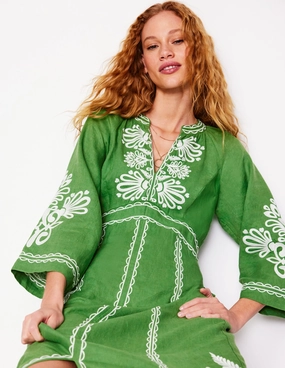 Stylish Waistband Una Linen Embroidered Dress-Paradise Green