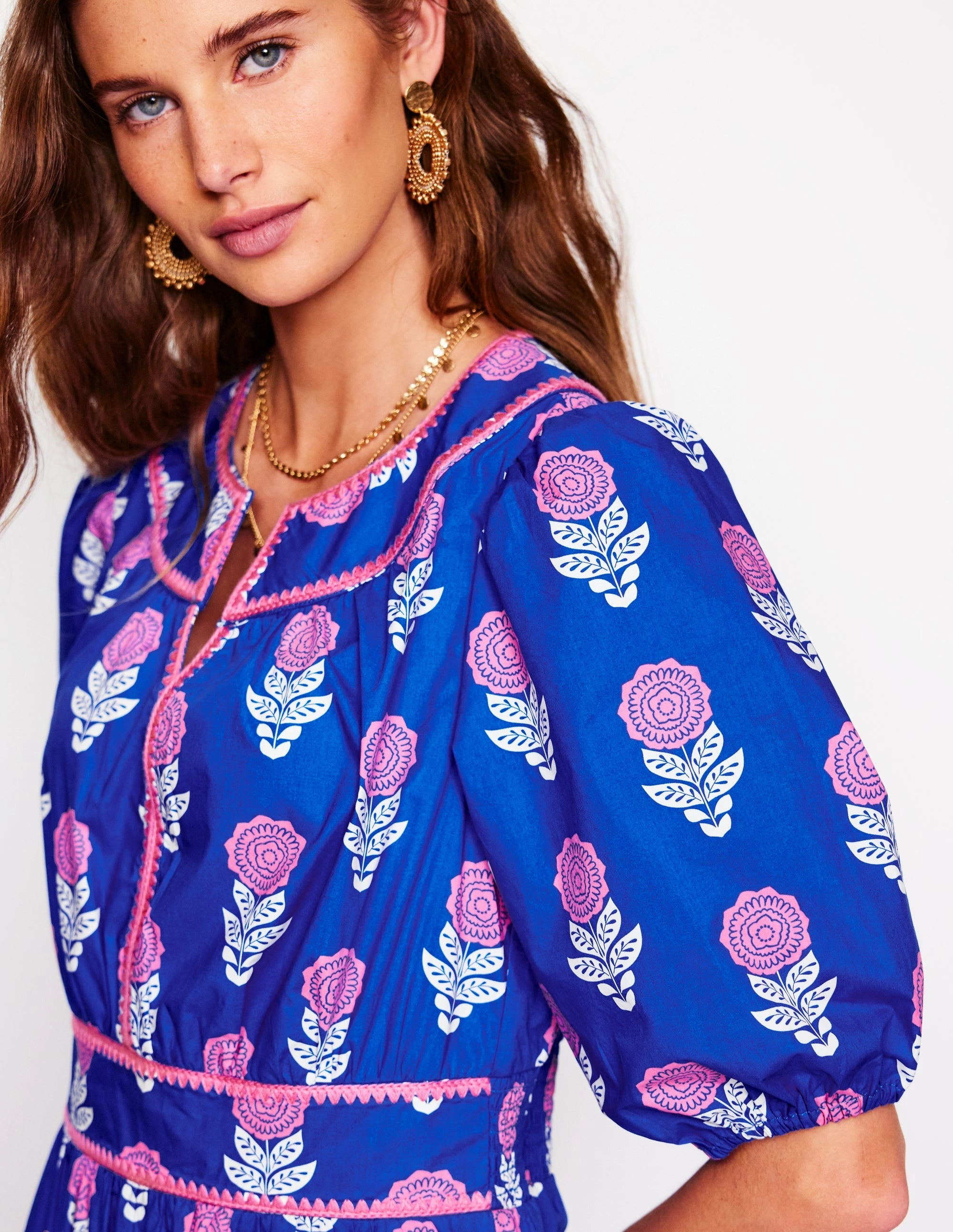 Rhea Embroidered Midi Dress-Gallery Blue, Dahlia Sprig Bright Bloom Trend Glow