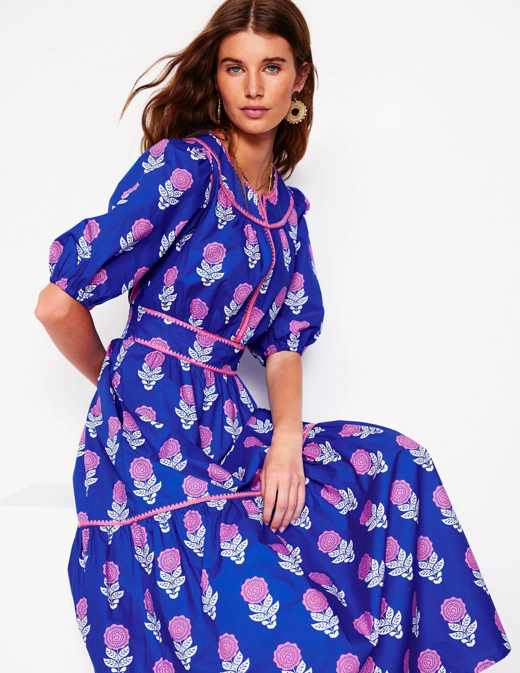 Rhea Embroidered Midi Dress-Gallery Blue, Dahlia Sprig Feminine full-length gown