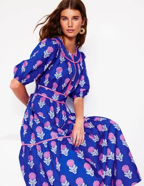 Rhea Embroidered Midi Dress-Gallery Blue, Dahlia Sprig Feminine full-length gown