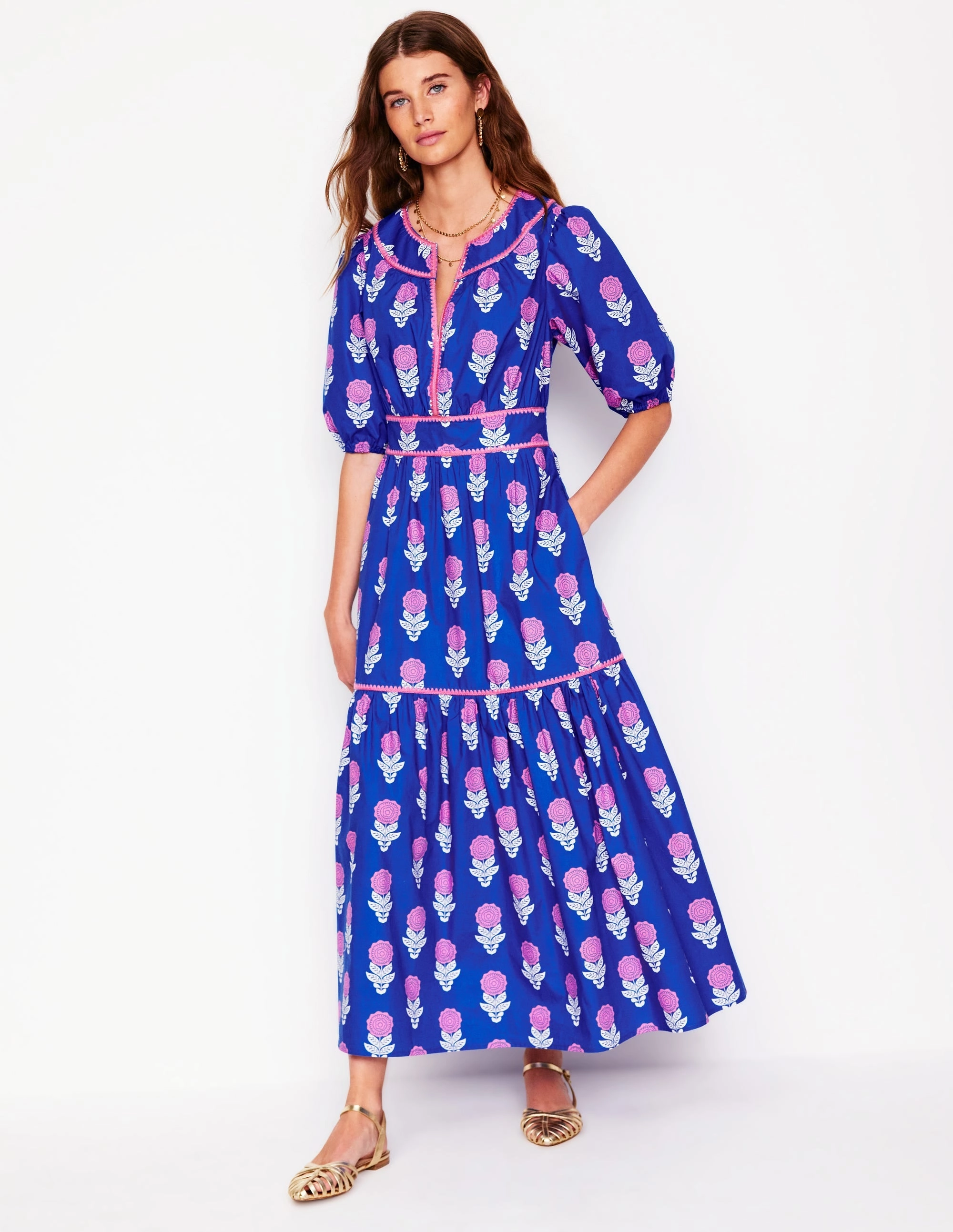 Rhea Embroidered Midi Dress-Gallery Blue, Dahlia Sprig Date Ready Relaxed Mood