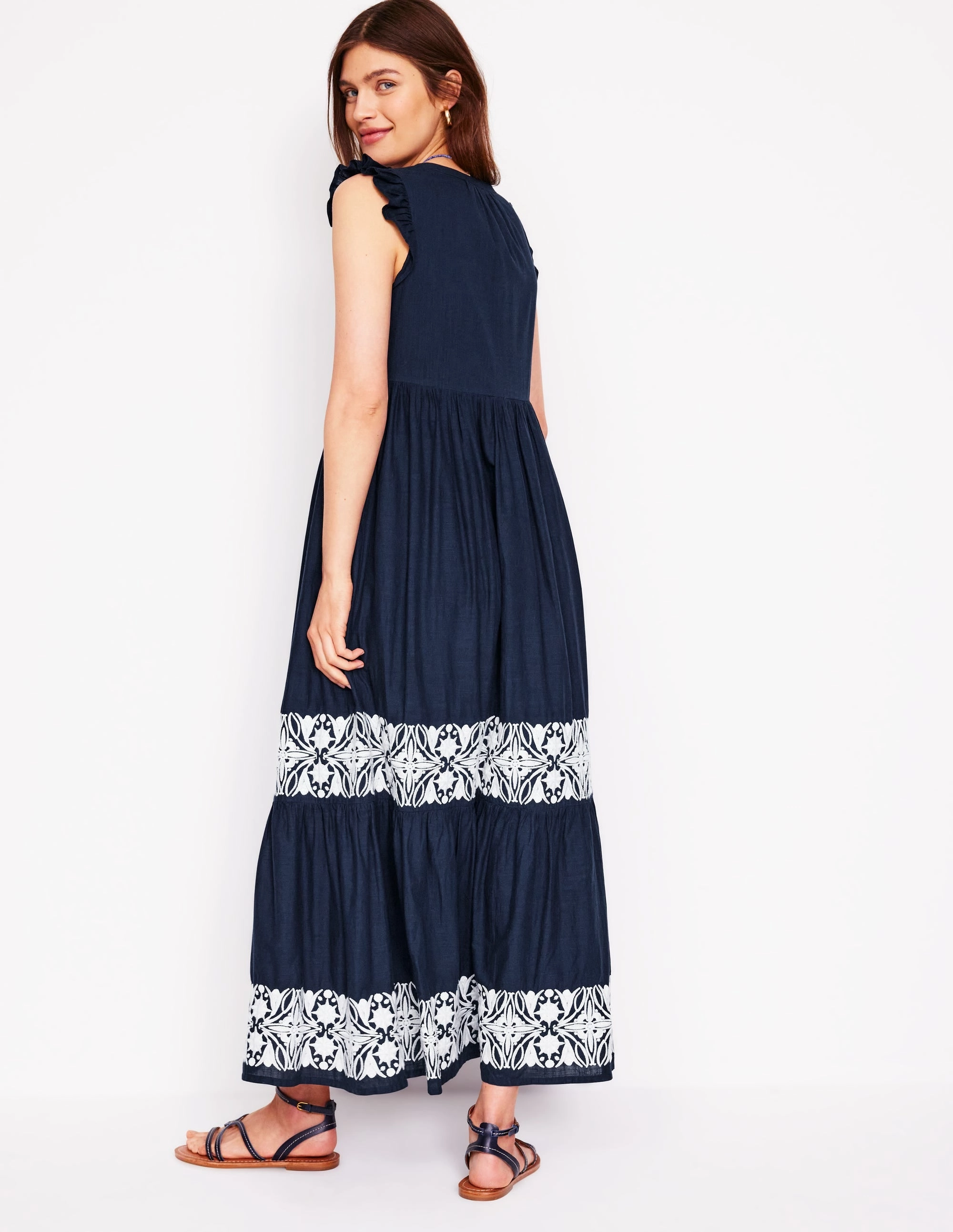 Tie Neck Tier Dress-Navy Effortless Vibe Easy Elegance