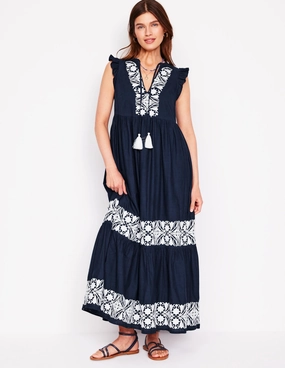 Texture Soft Lightweight and Breezy Tie Neck Tier Dress-Navy