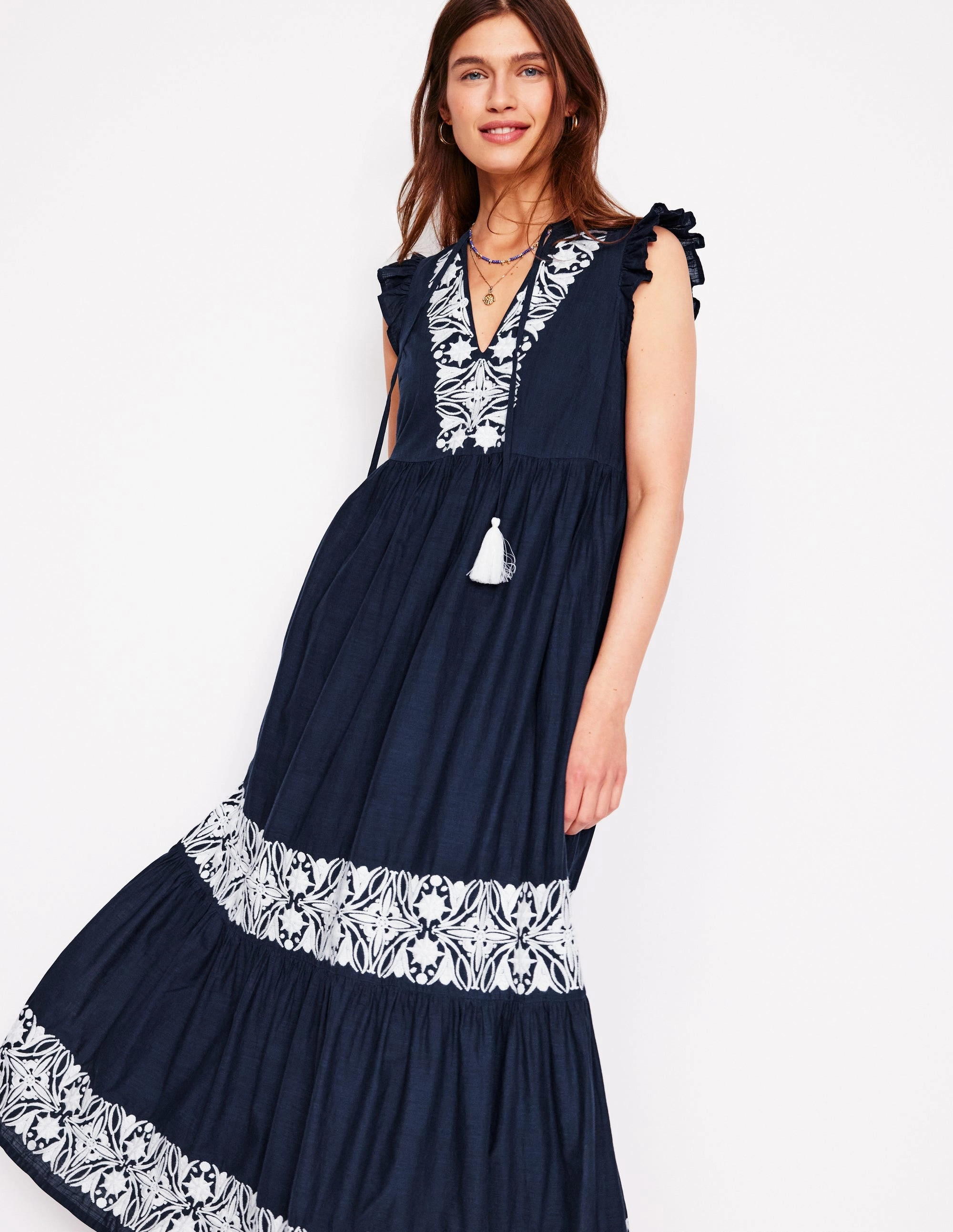 Classic and Chic Retro Detail Tie Neck Tier Dress-Navy